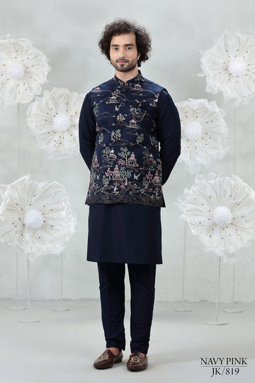 Navy Blue Soft Silk Kurta Pajama with Embroidered Coti Suit