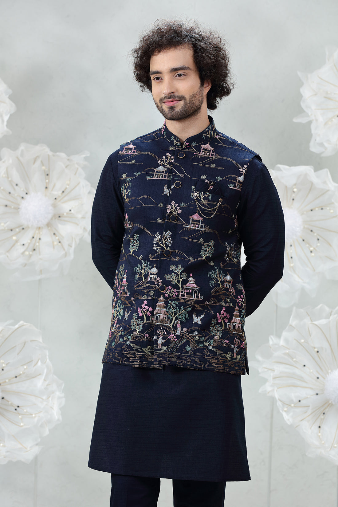 Navy Blue Soft Silk Kurta Pajama with Embroidered Coti Suit