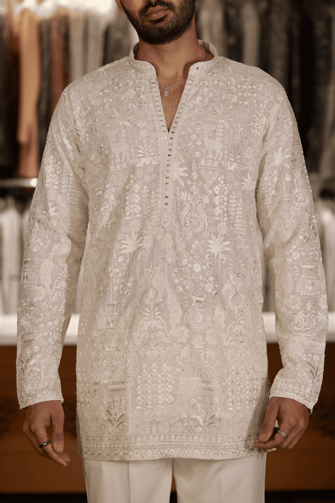 Cream Embroidered Short Kurta For Men (Luxury Korean Pants) F2-1093