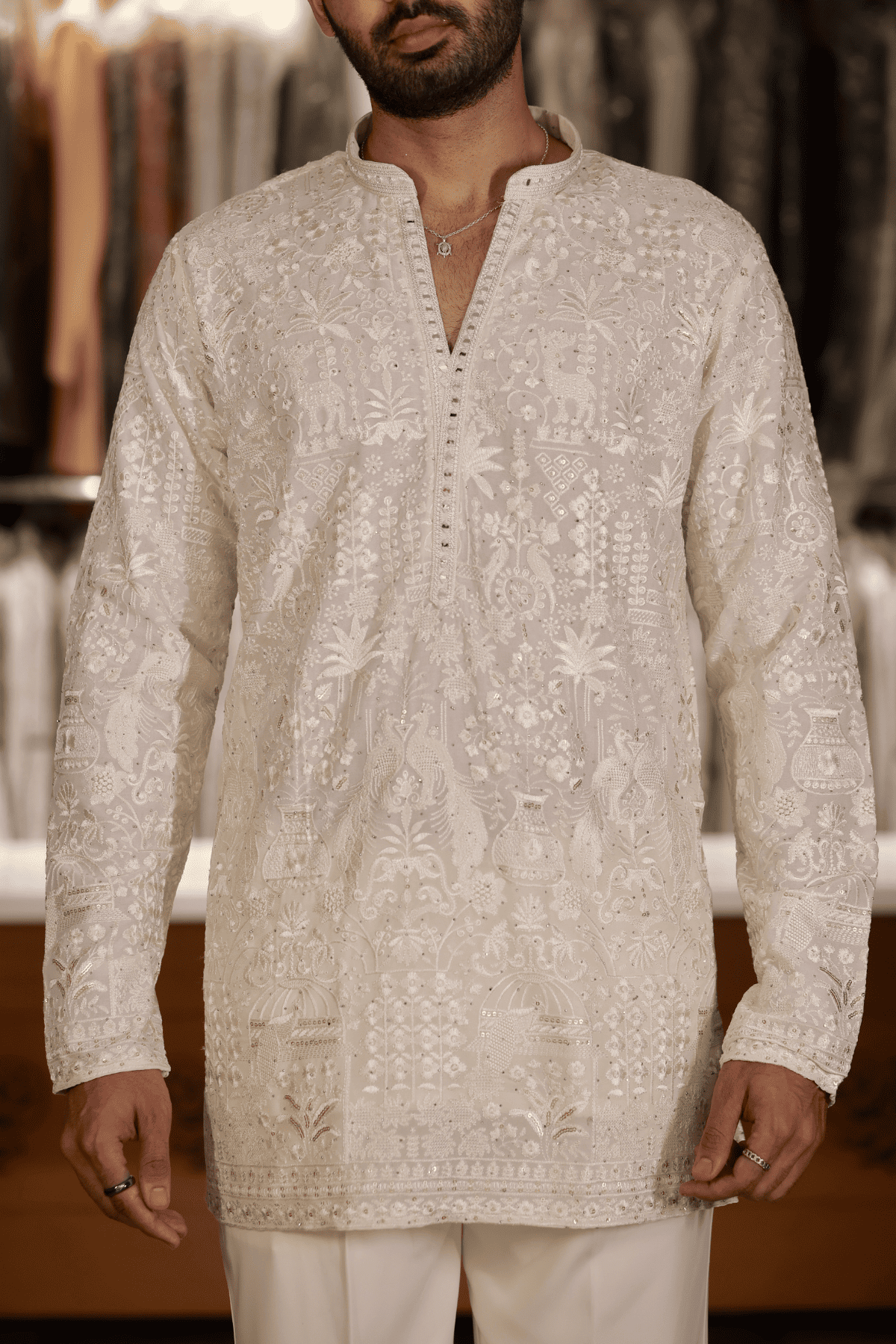 1 Cream Embroidered Short Kurta For Men (Luxury Korean Pants) F2-1093
