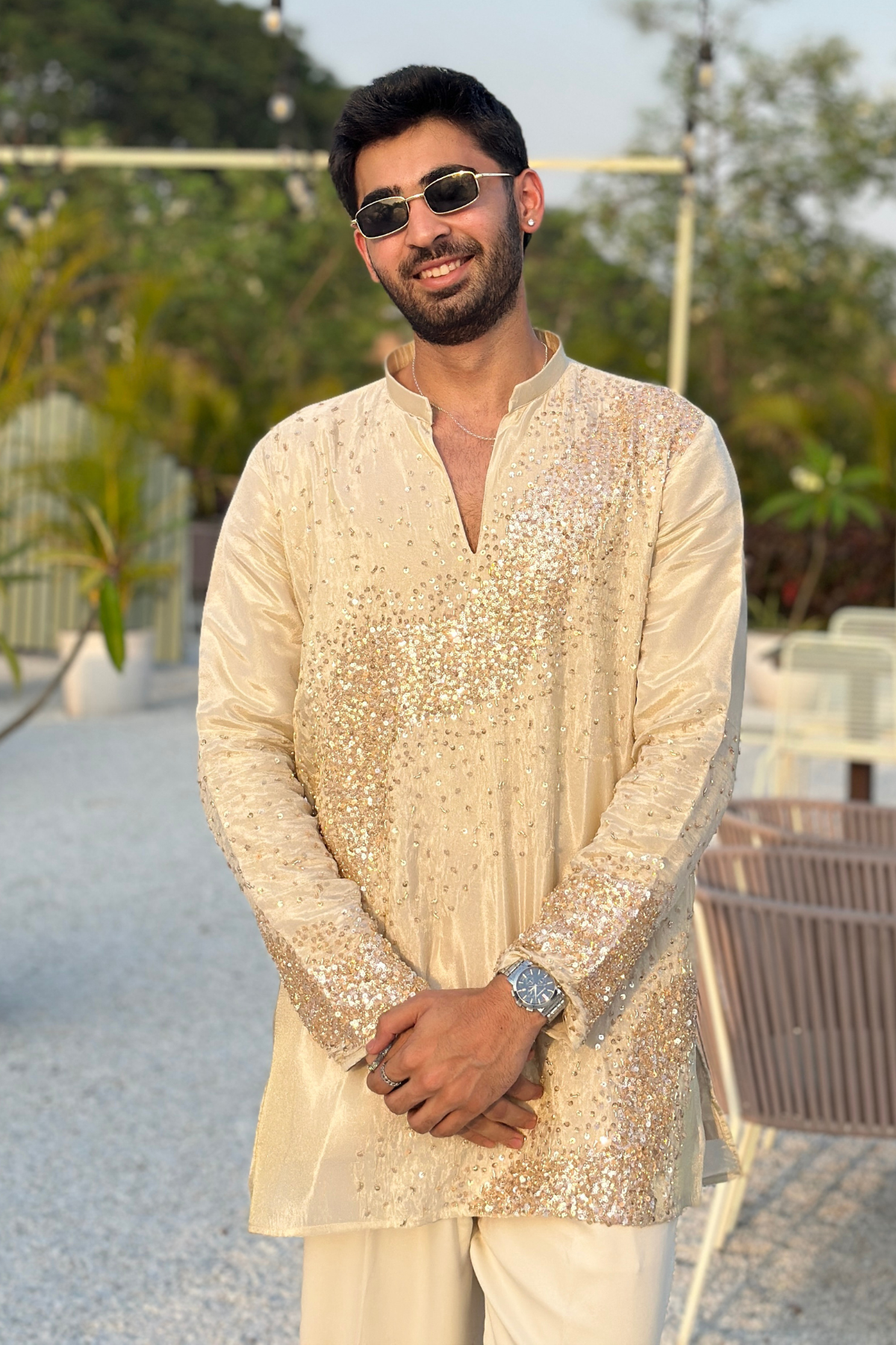 1  Cream Shimmer Sequin Kurta For Men (F2-1088)