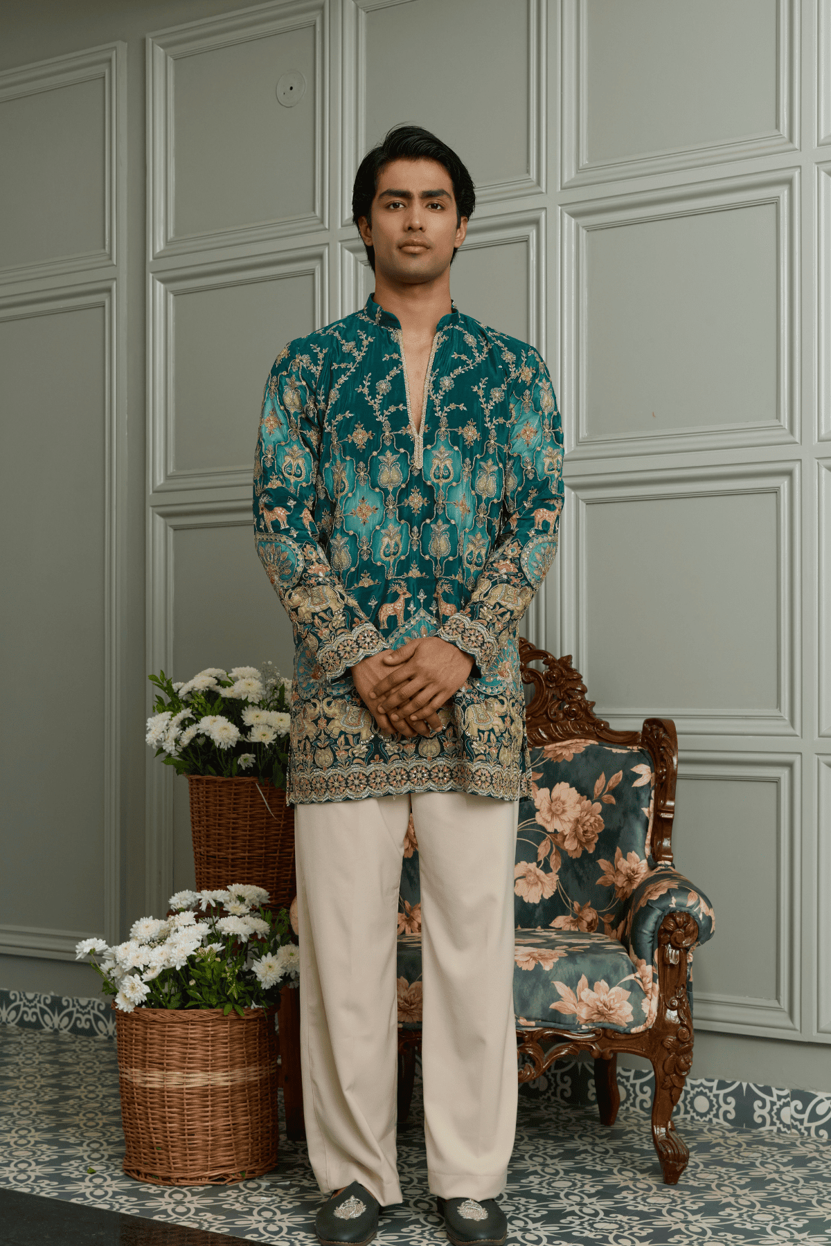 1 Deep Teal Embroidered Designer Kurta Pyjama For Men (Luxury Korean Pants) F2-1092