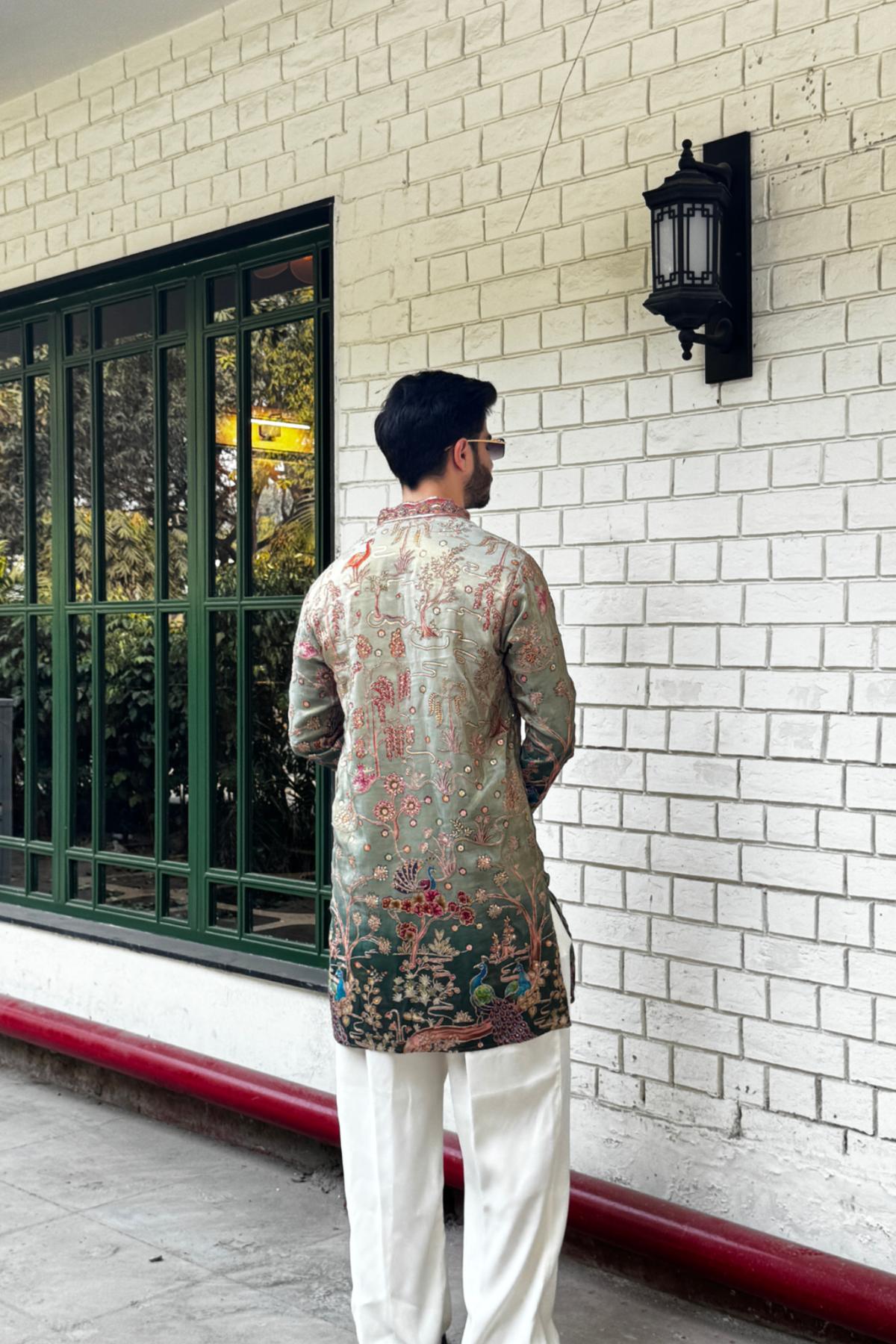 1 Double-Shaded Olive Green Embroidered Kurta Pyjama For Men (Luxury Korean Pants) F2-1068