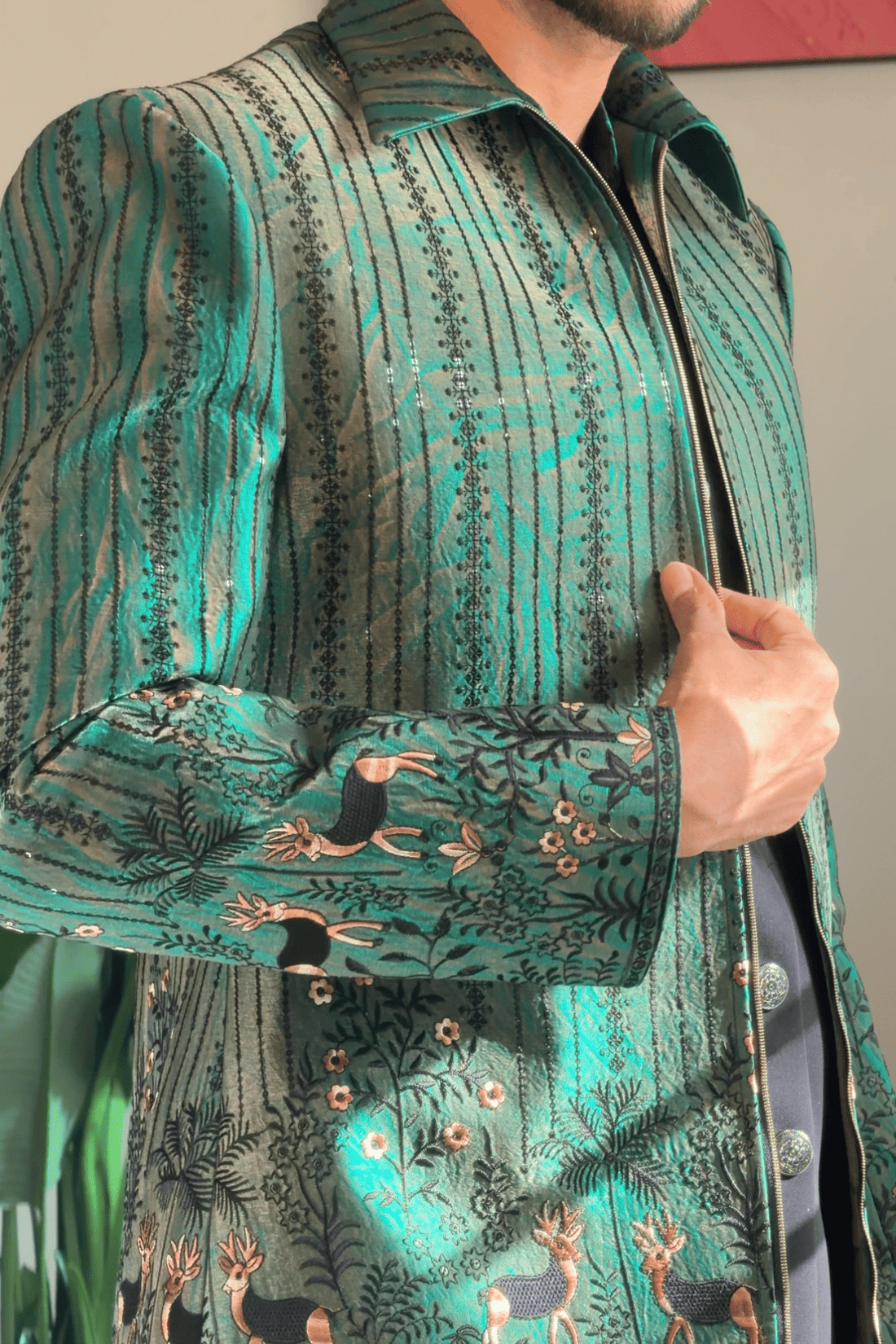 Emerald Forest Heritage Jodhpuri Set with Wildlife Motif (JP-6598)