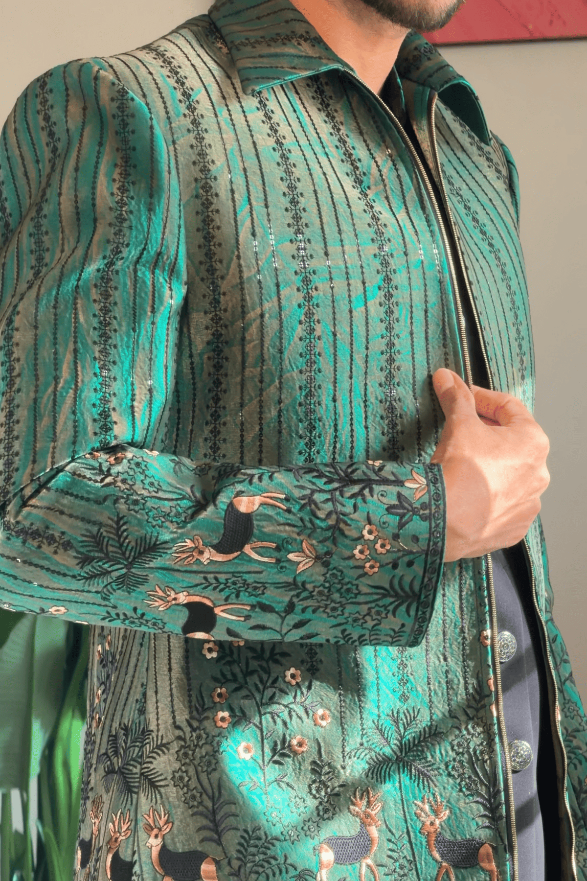 1 Emerald Forest Heritage Jodhpuri Set with Wildlife Motif (JP-6598)