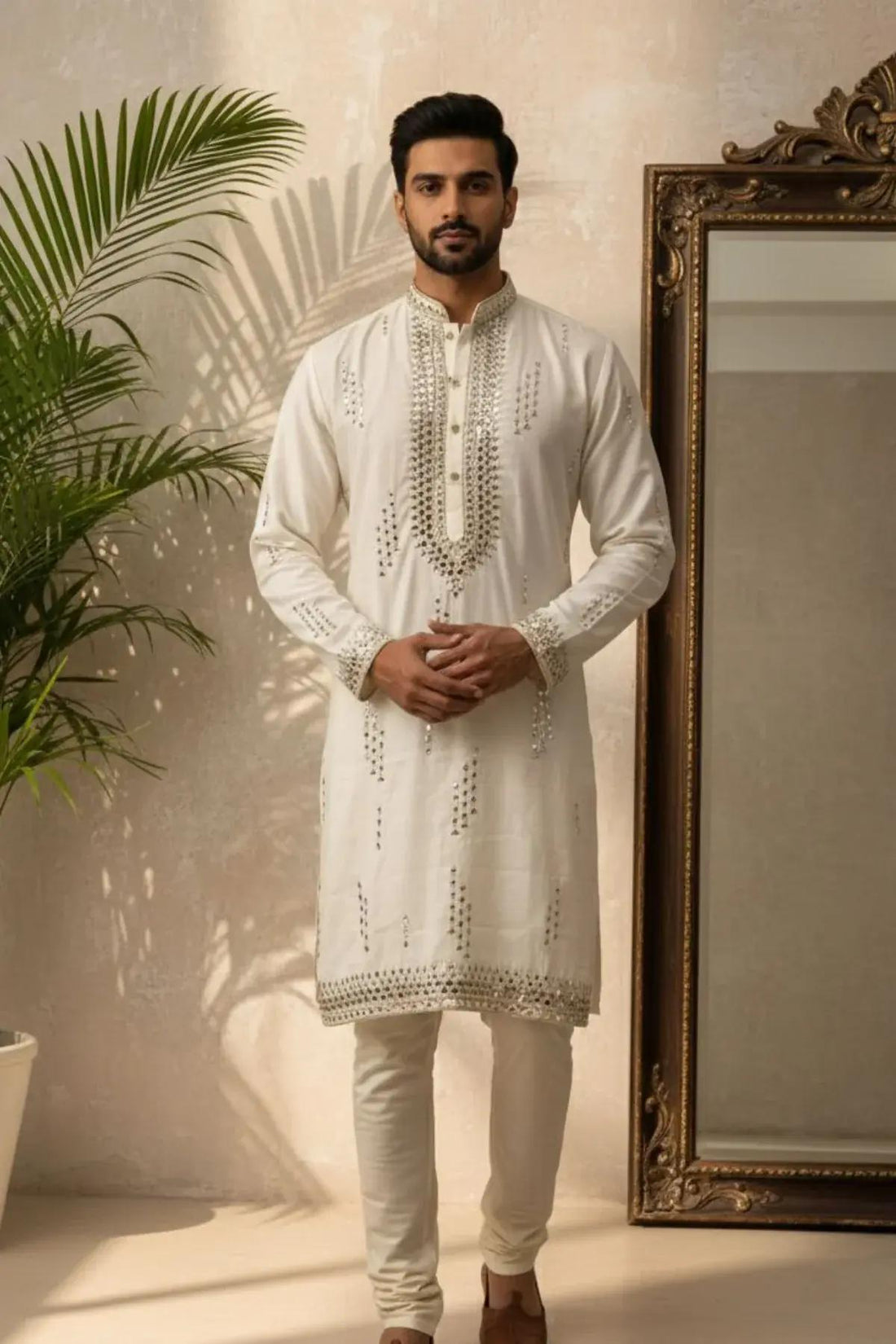 4 Ivory Mirror Embroidered Kurta Pyjama For Men (Polo Pants) F2-1040