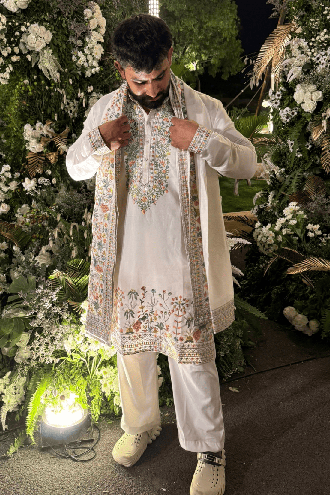 1 Ivory Multi-Thread Embroidered Kurta Pyjama For Men (Luxury Korean Pants) F2-1014