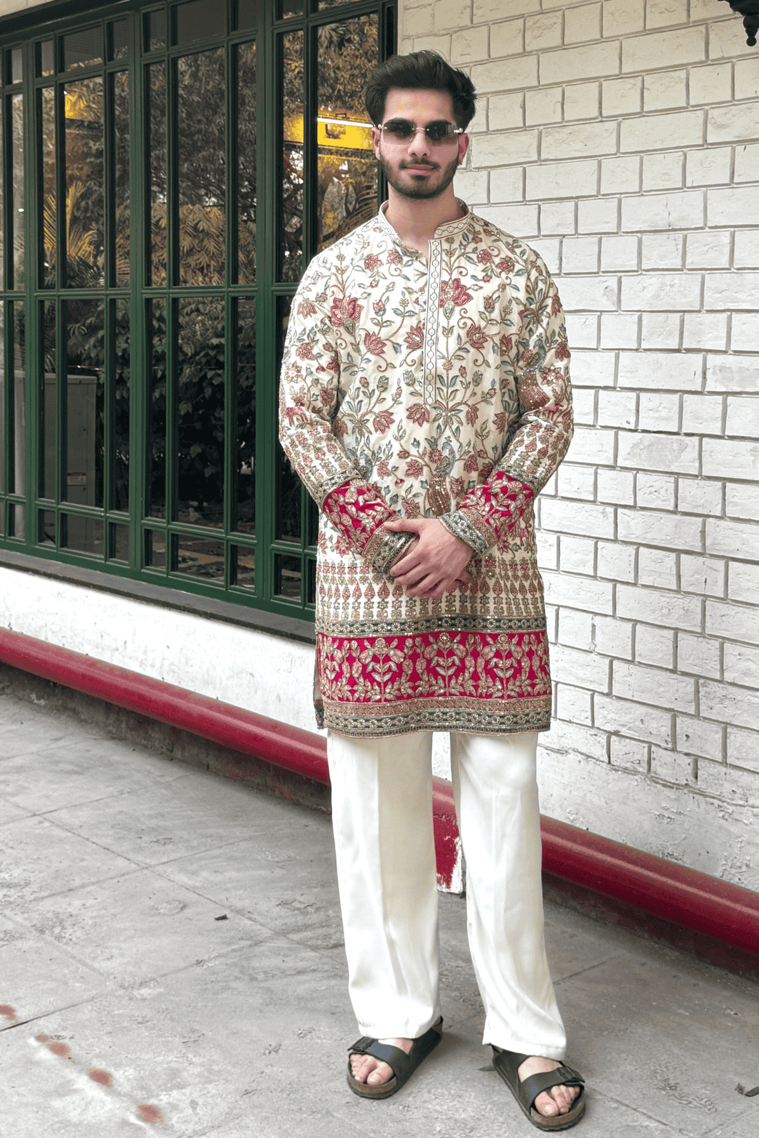 Ivory Multicolor Floral Embroidered Designer Kurta For Men (Luxury Korean Pants) F2-1069