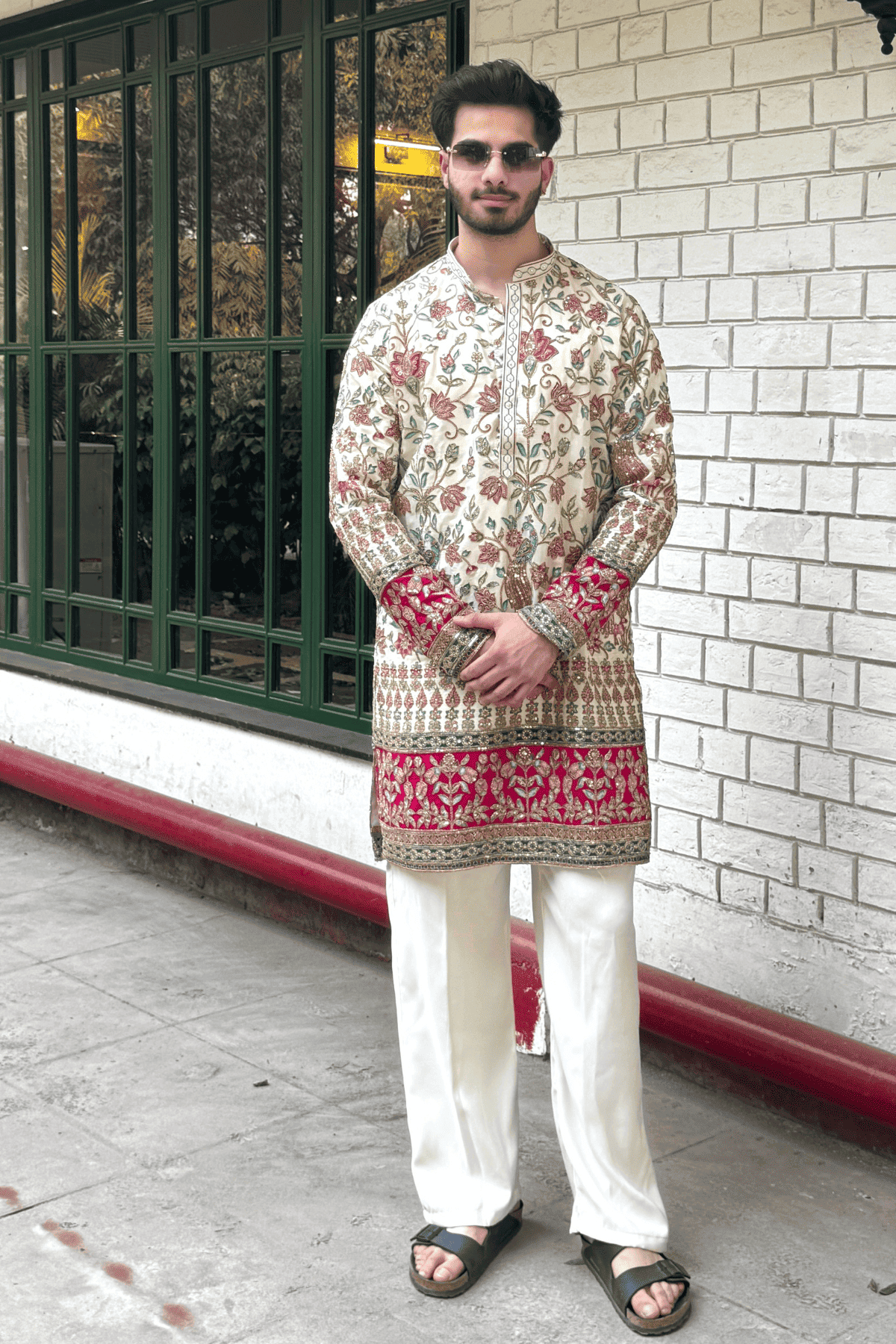 1 Ivory Multicolor Floral Embroidered Designer Kurta For Men (Luxury Korean Pants) F2-1069