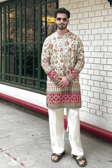 1 Ivory Multicolor Floral Embroidered Designer Kurta For Men (Luxury Korean Pants) F2-1069