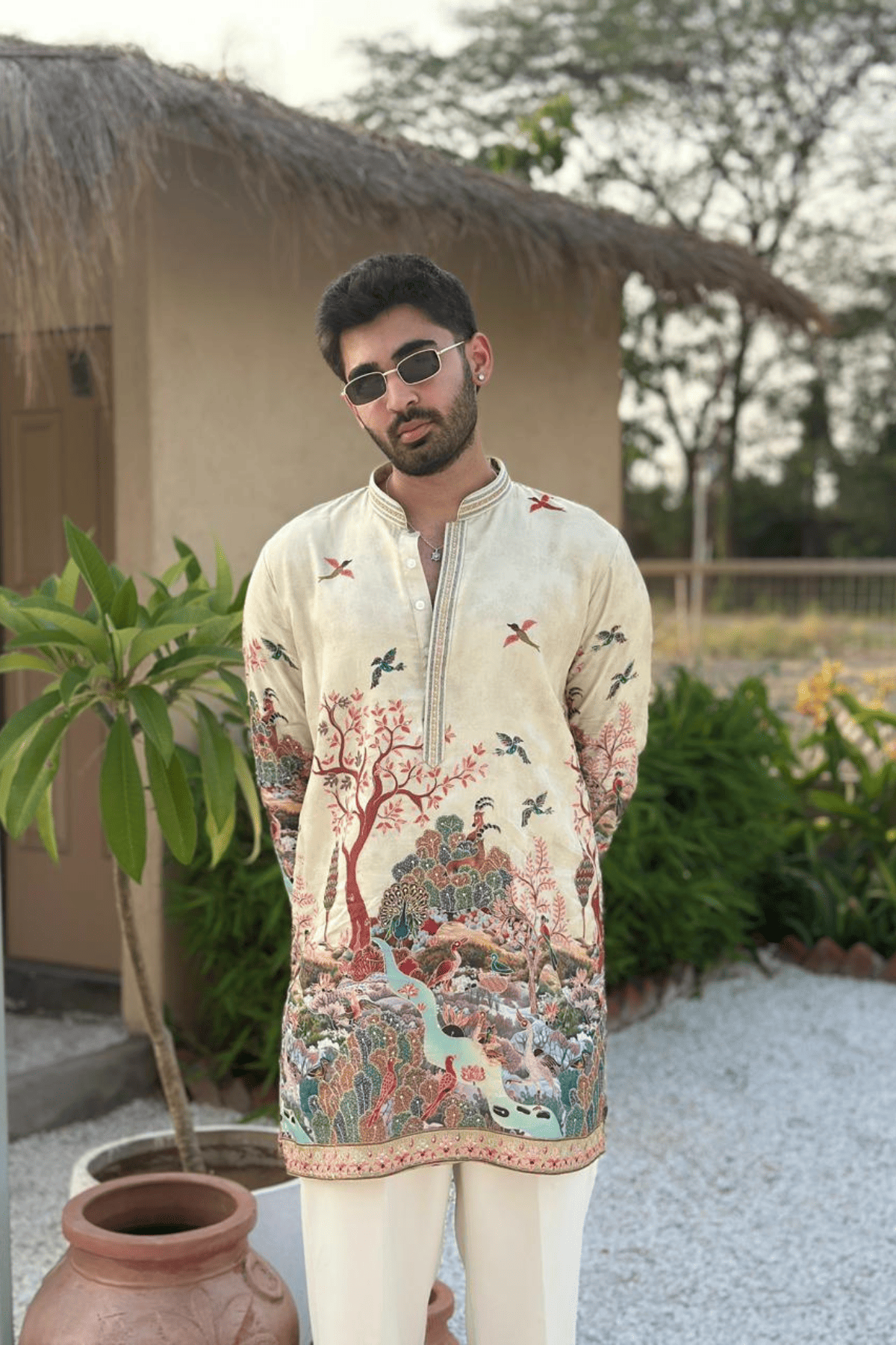 1 Ivory Scenic Embroidered Kurta Set For Men (Luxury Korean Pants) F2-1083