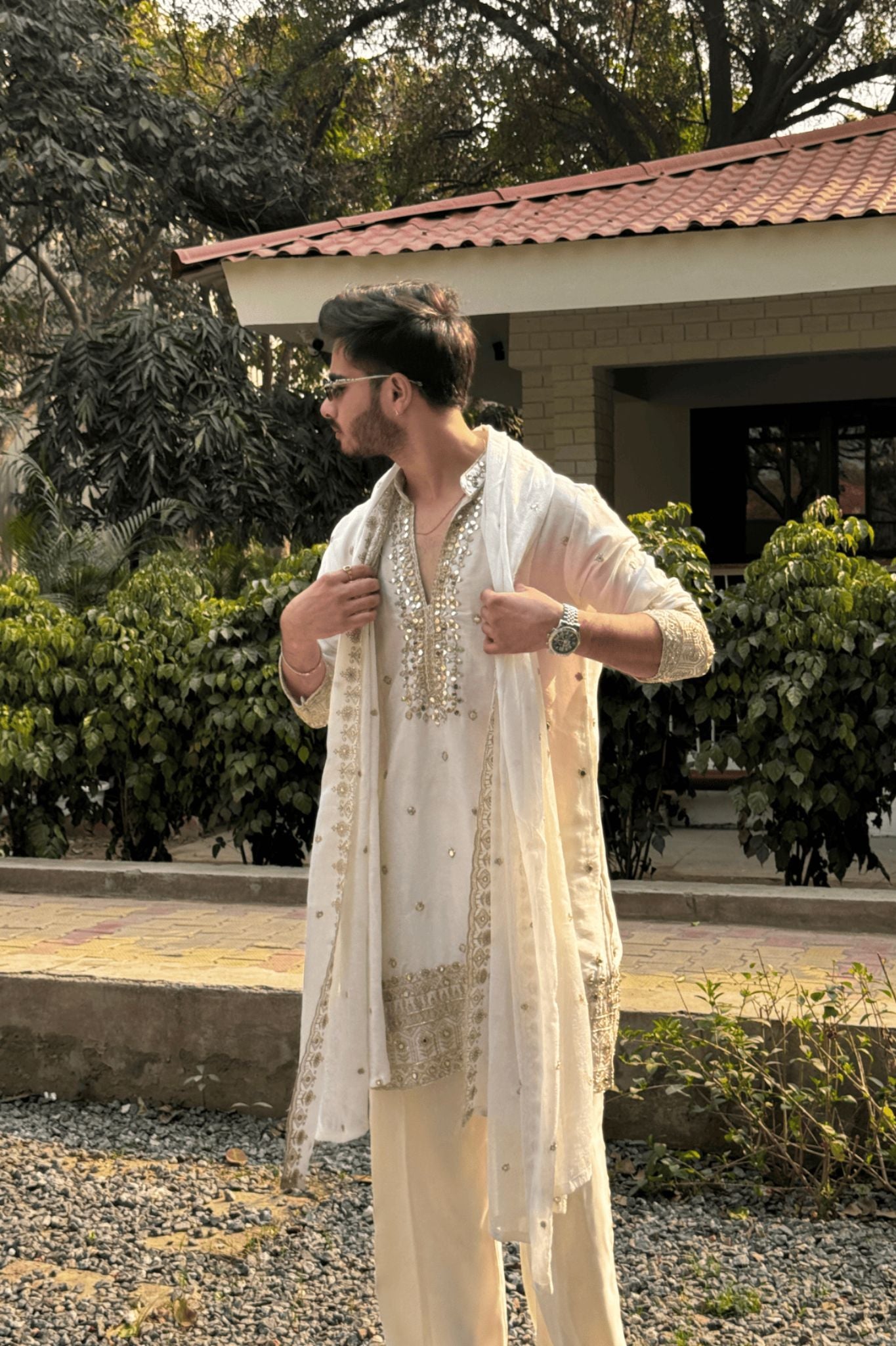 1 Ivory V-Neck Mirror Work Wedding Kurta Set For Men With Stole (Luxury Korean Pants) F2-1070
