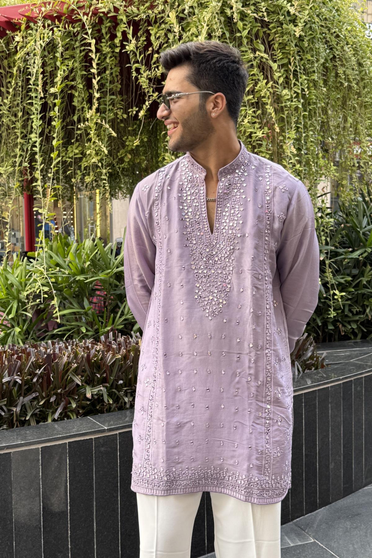 1 Lavender Mirror Work Kurta Pyjama For Men (Luxury Korean Pants) F2-1013