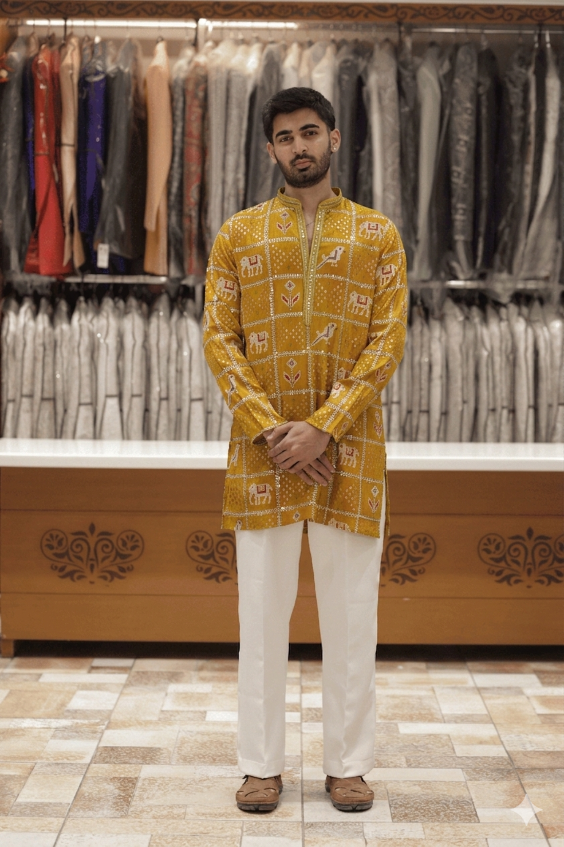 1 Mustard Yellow Kurta Pyjama For Men with Heritage Animal Motifs (Luxury Korean Pants)  F2-1080
