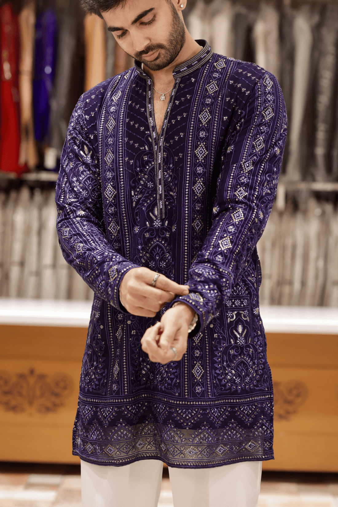 Navy Blue V-Neck Embroidered Short Kurta Pyjama For Men (Luxury Korean Pants)