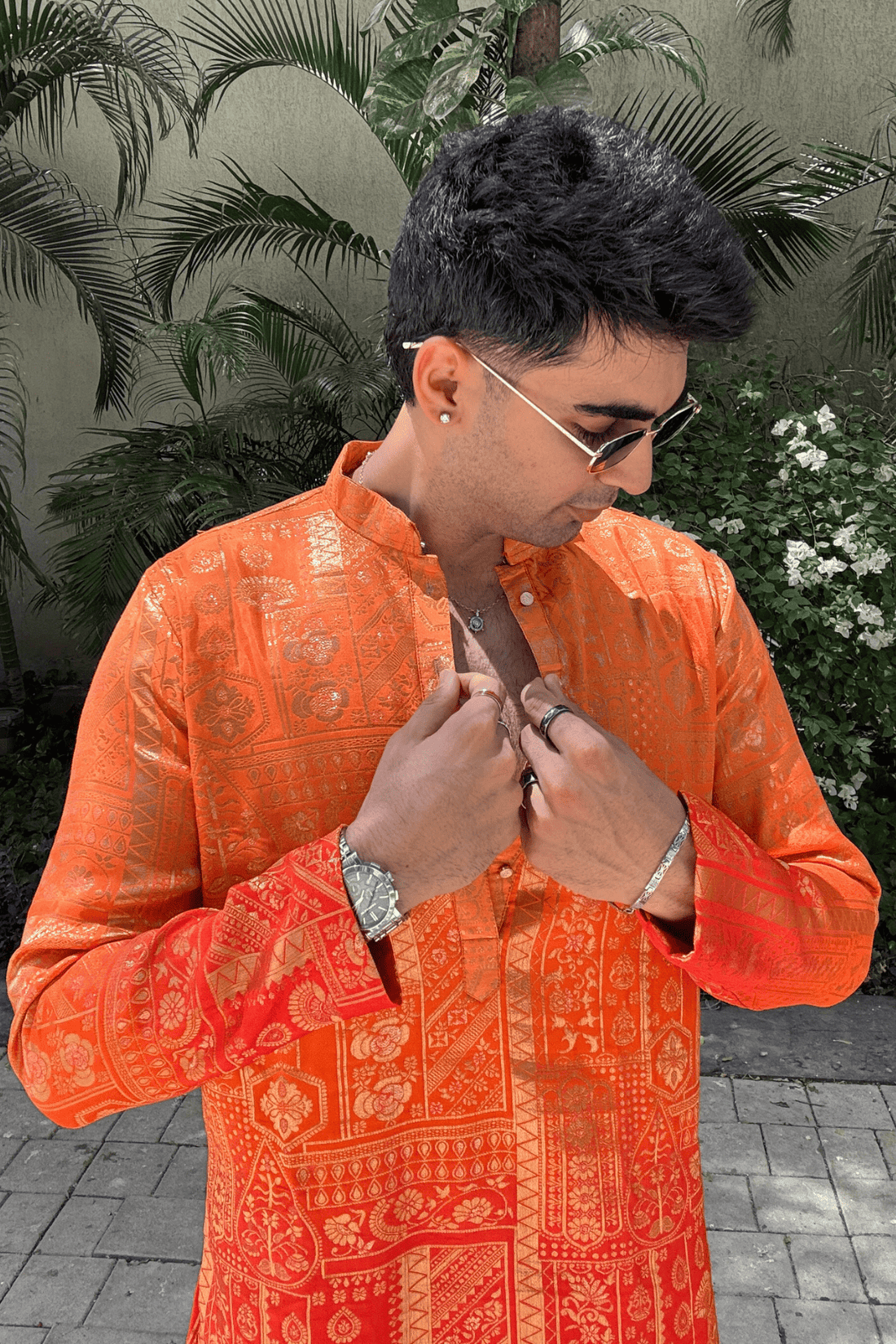 Orange Ombre Banarasi Silk Kurta Pyjama For Men (Luxury Korean Pants) F2-1086