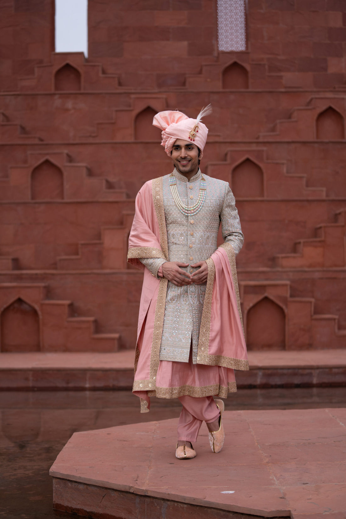 1 Peach Lakhnavi Hand Embroidery Sherwani with Soft Silk Anarkali