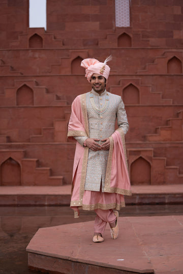 1 Peach Lakhnavi Hand Embroidery Sherwani with Soft Silk Anarkali