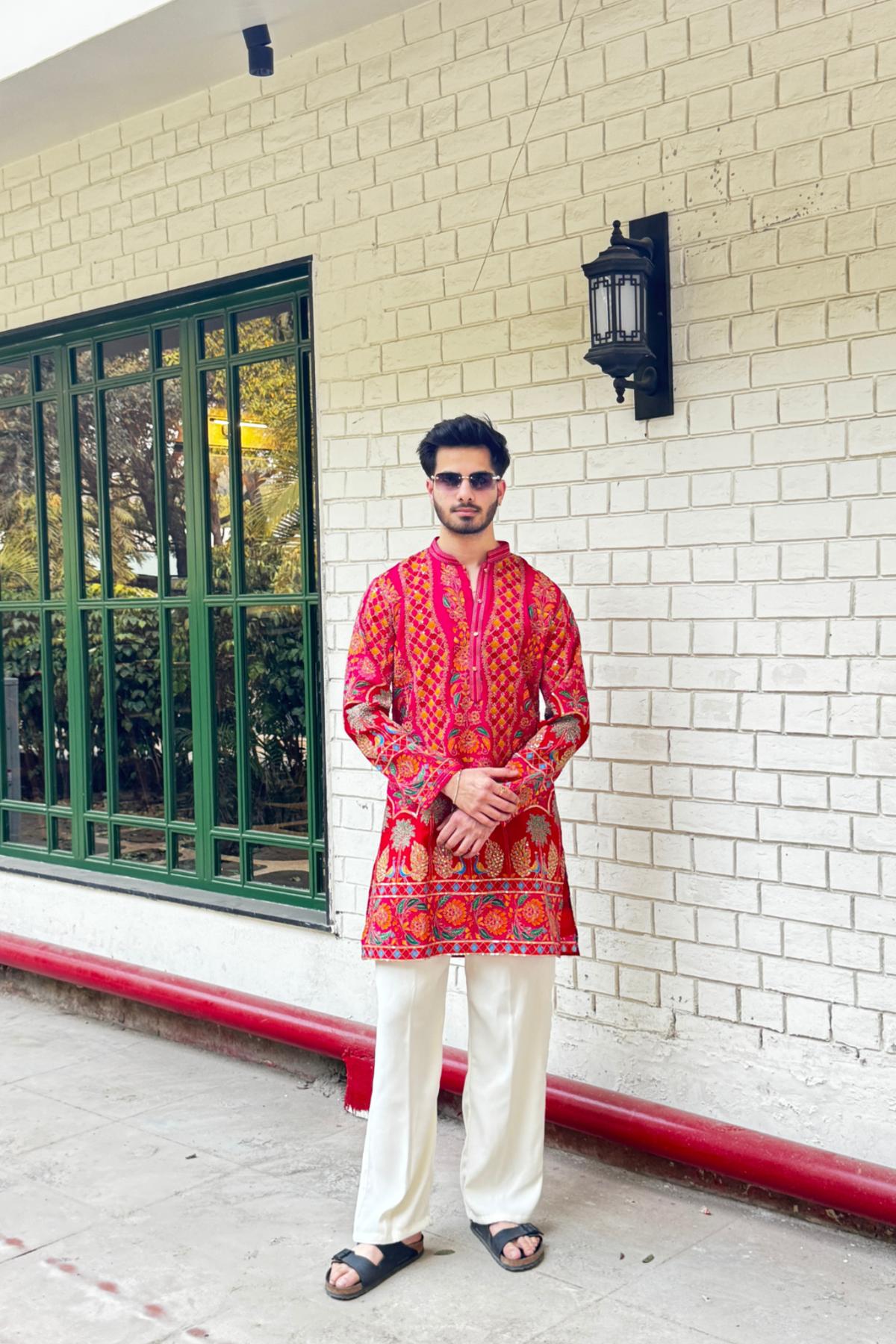 1 Pinkish Red Embroidered Kurta for Men(Luxury Korean Pants) F2-1011