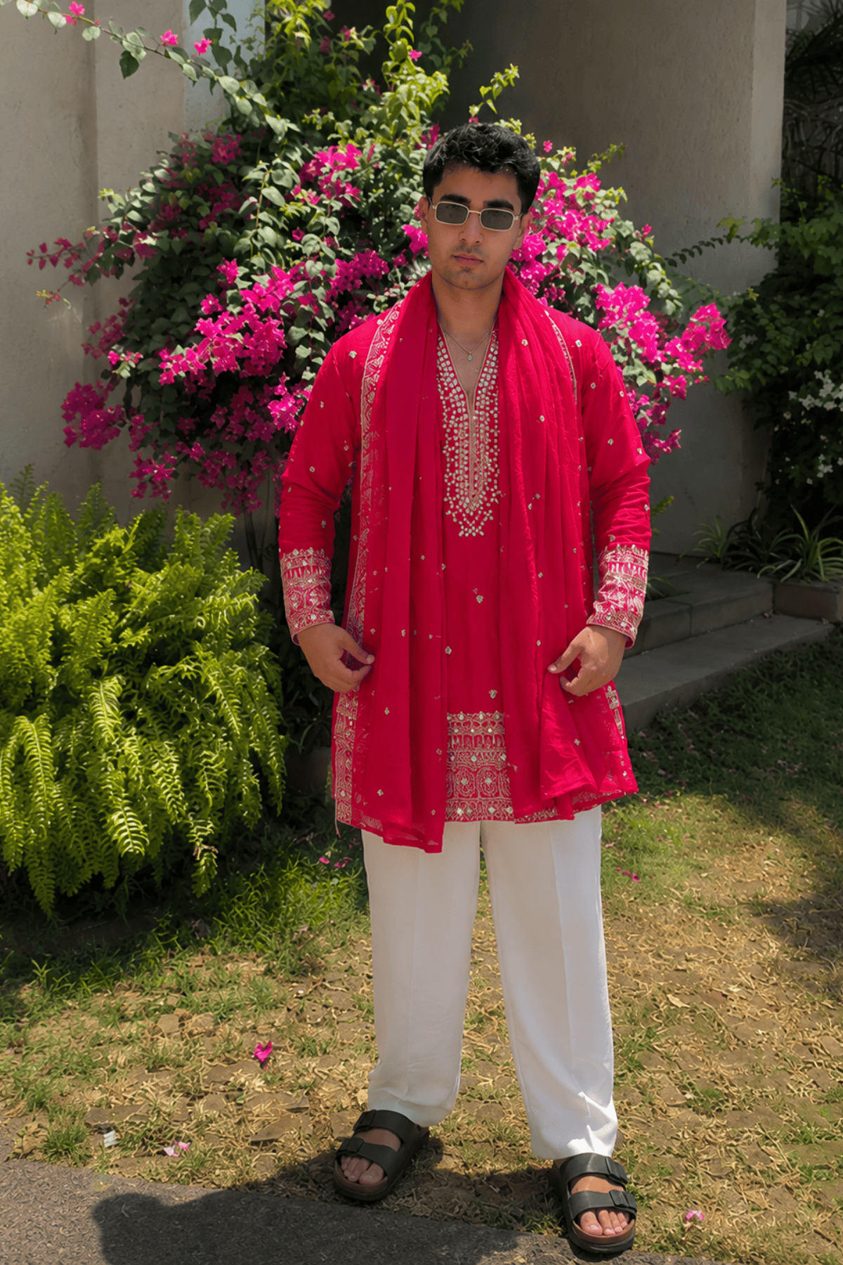 1 Pinkish Red V-Neck Mirror Work Wedding Kurta Set For Men With Stole (Luxury Korean Pants) F2-1094