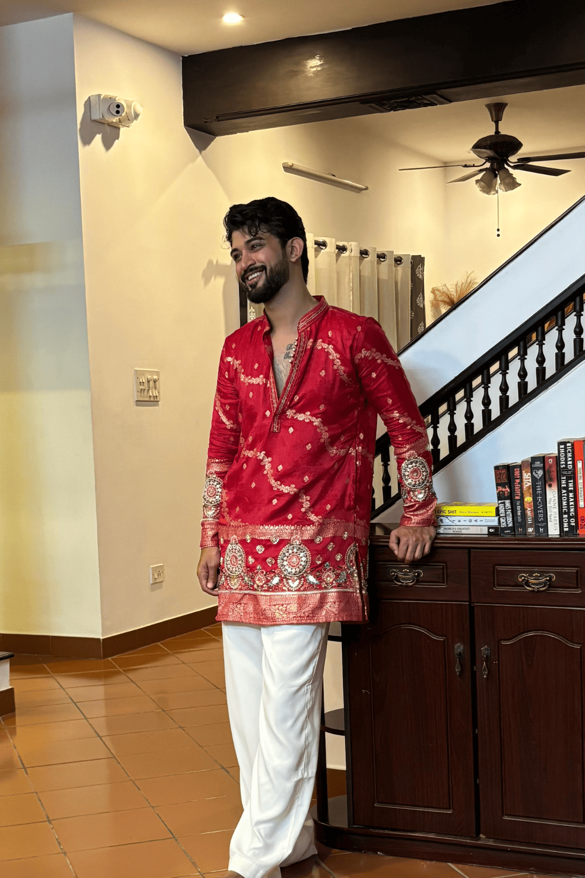 1 Red Embroidered Kurta Pyjama For Men With Border Work (Luxury Korean Pants) F2-1104