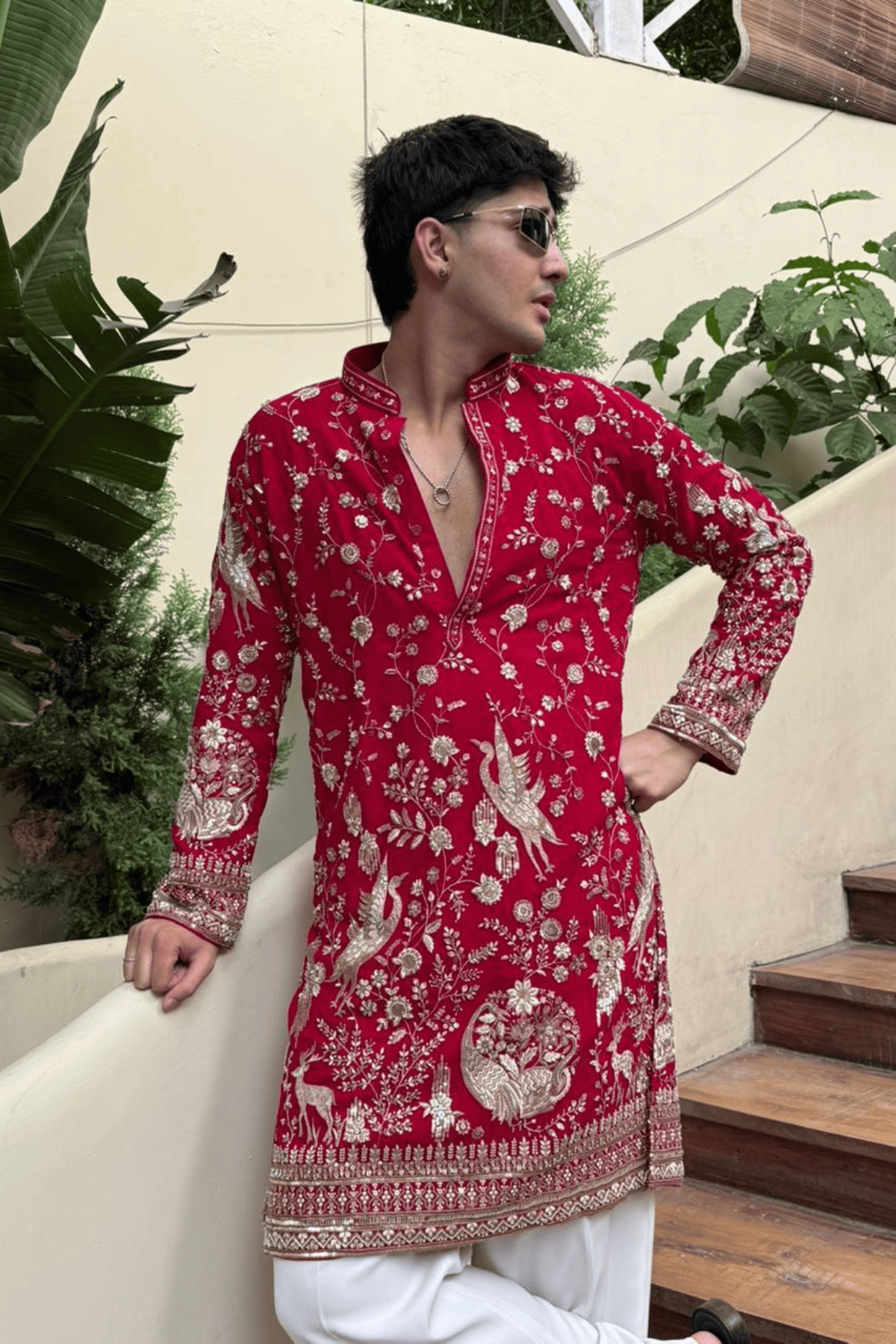 1 Red Zari Embroidered Kurta Pyjama For Men (Luxury Korean Pants) F2-1058