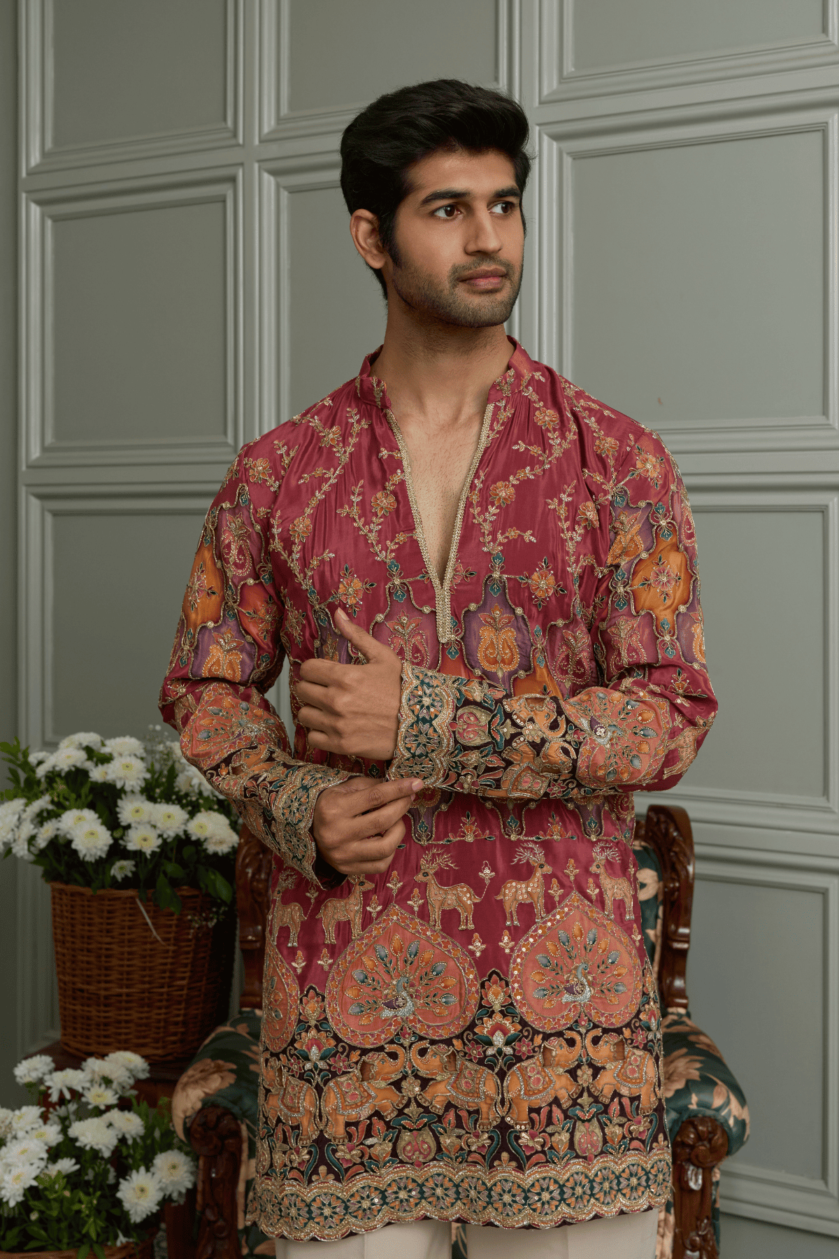 1 Rose Wine Embroidered Designer Kurta Pyjama For Men (Luxury Korean Pants)(F2-1075)