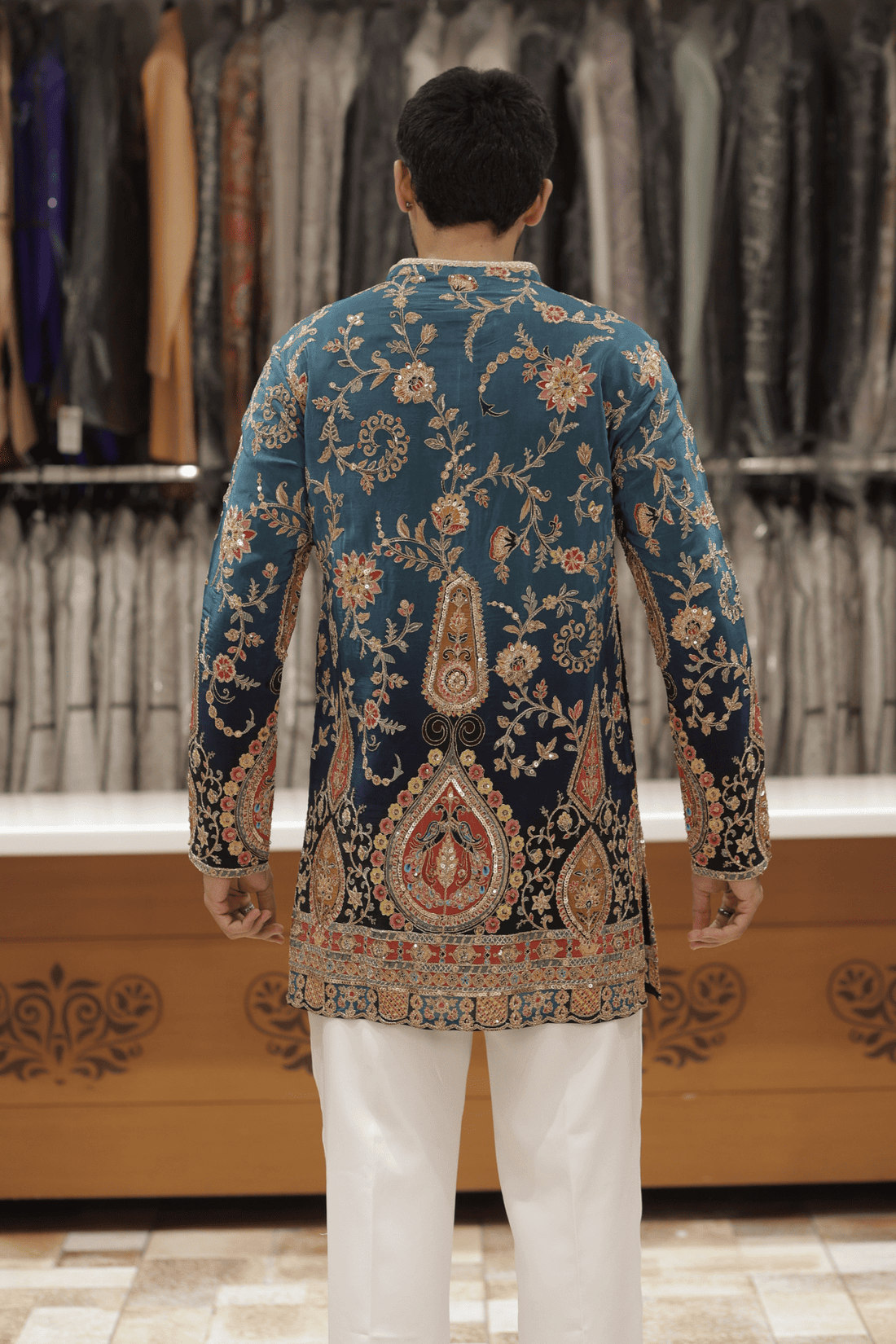 1 Royal Teal Embroidered Designer Kurta Pyjama for Men (LuxuryKoreanPants) F2-1073
