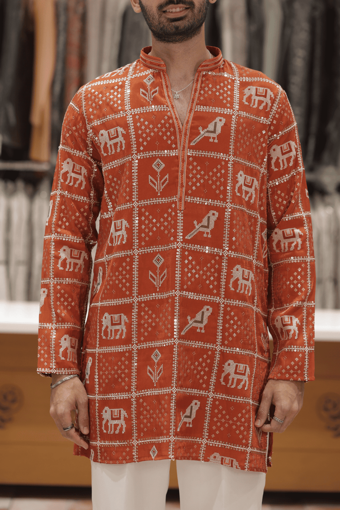 Rust Orange Kurta Pyjama For Men with Heritage Animal Motifs (Luxury Korean Pants)  F2-1080