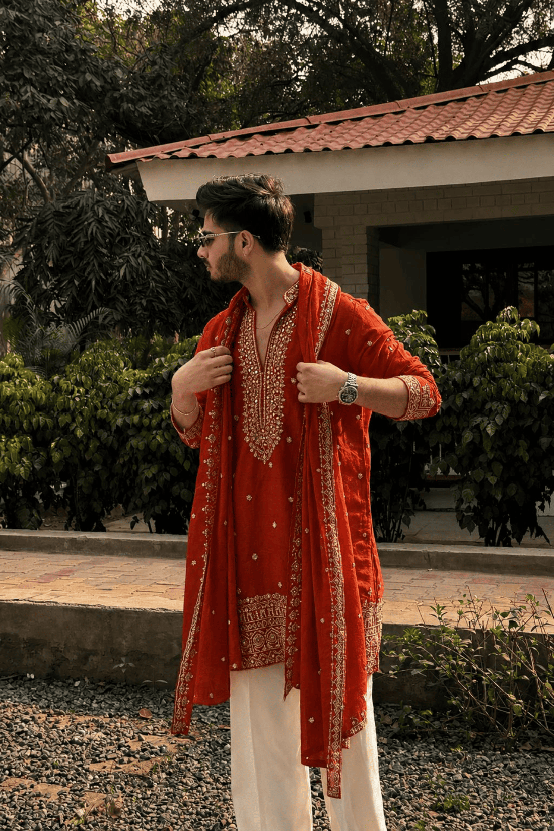 Rust V-Neck Mirror Work Wedding Kurta Set For Men With Stole (Luxury Korean Pants) F2-1095