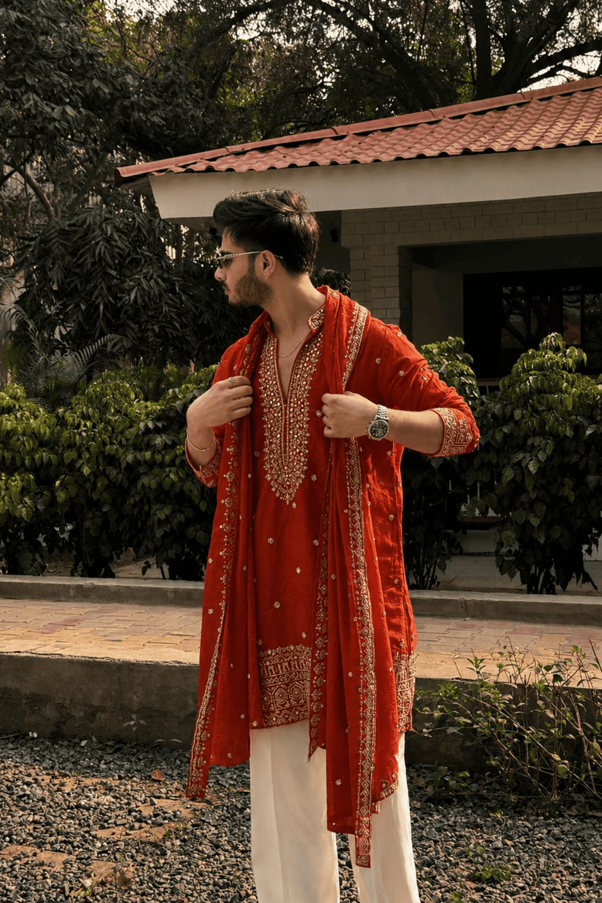 1 Rust V-Neck Mirror Work Wedding Kurta Set For Men With Stole (Luxury Korean Pants) F2-1095