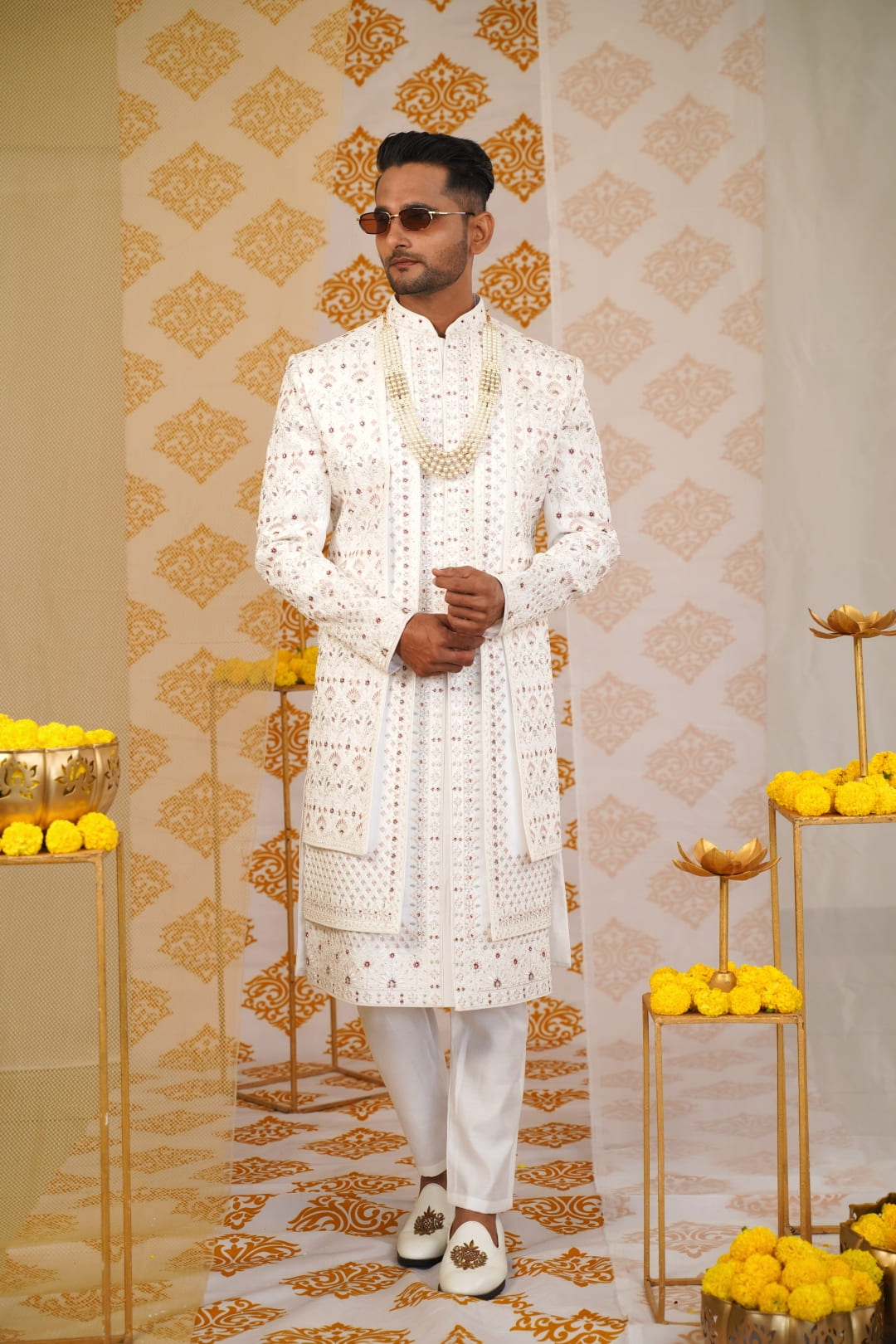 Three-Flap Embroidered Sherwani with Luxuriously Embellished