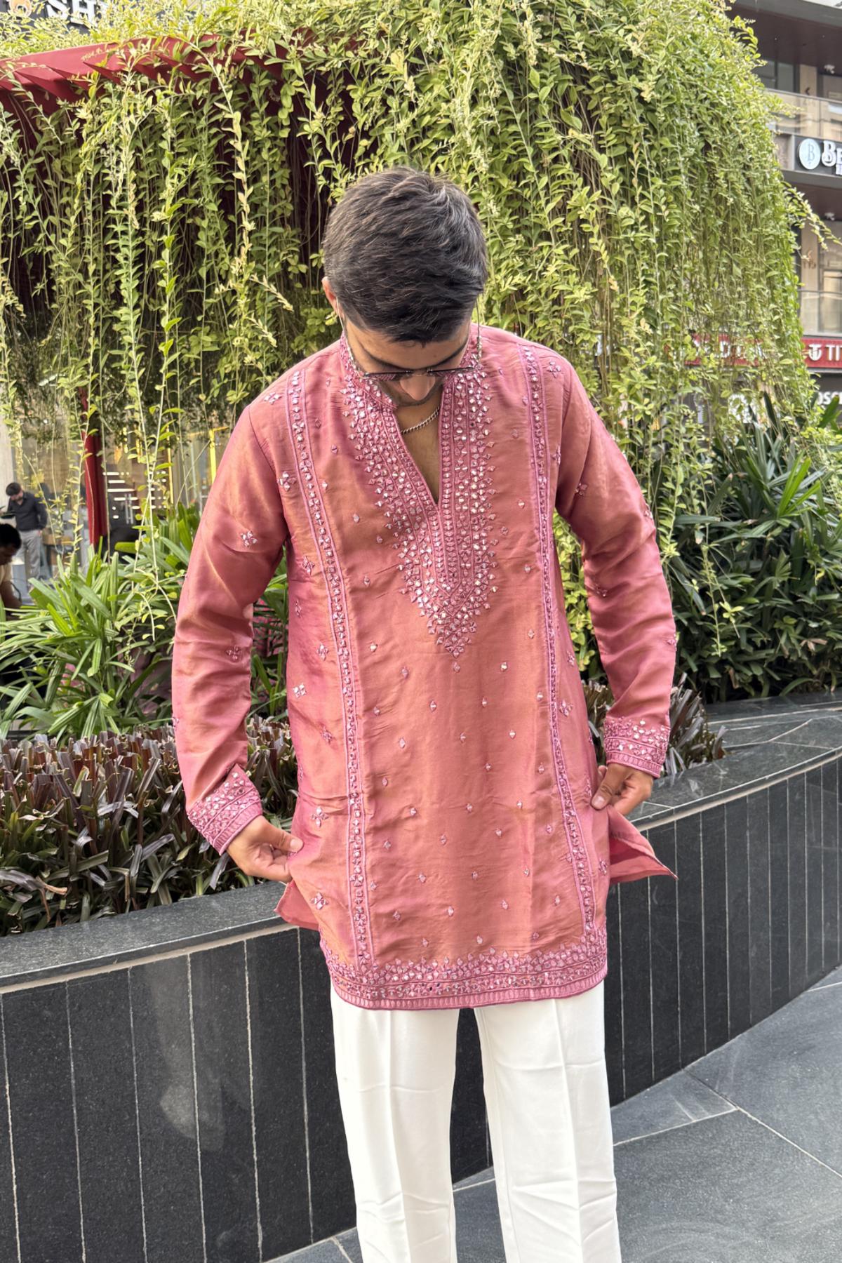 1 Warm Pink Mirror Work Kurta Pyjama For Men (Luxury Korean Pants) F2-1013