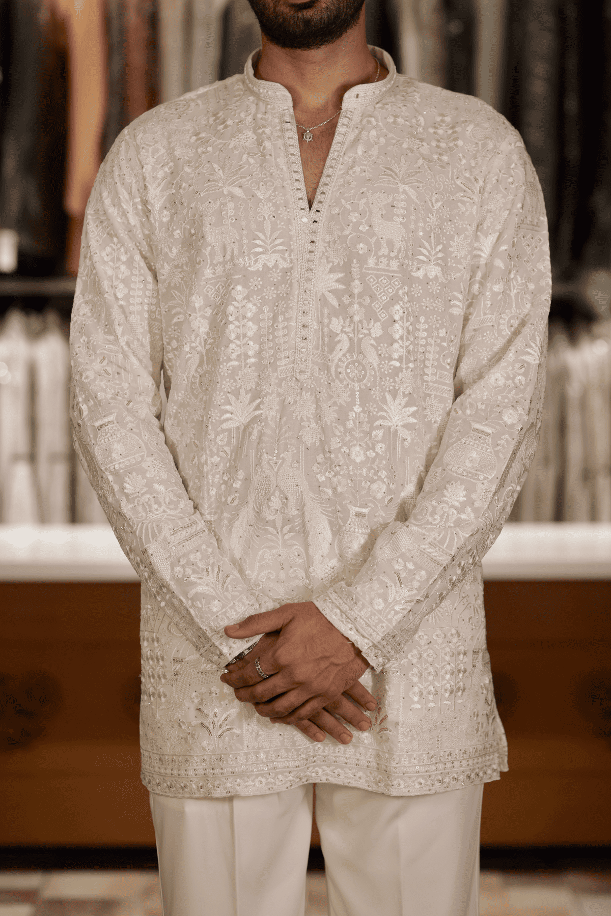 2 Cream Embroidered Short Kurta For Men (Luxury Korean Pants) F2-1093