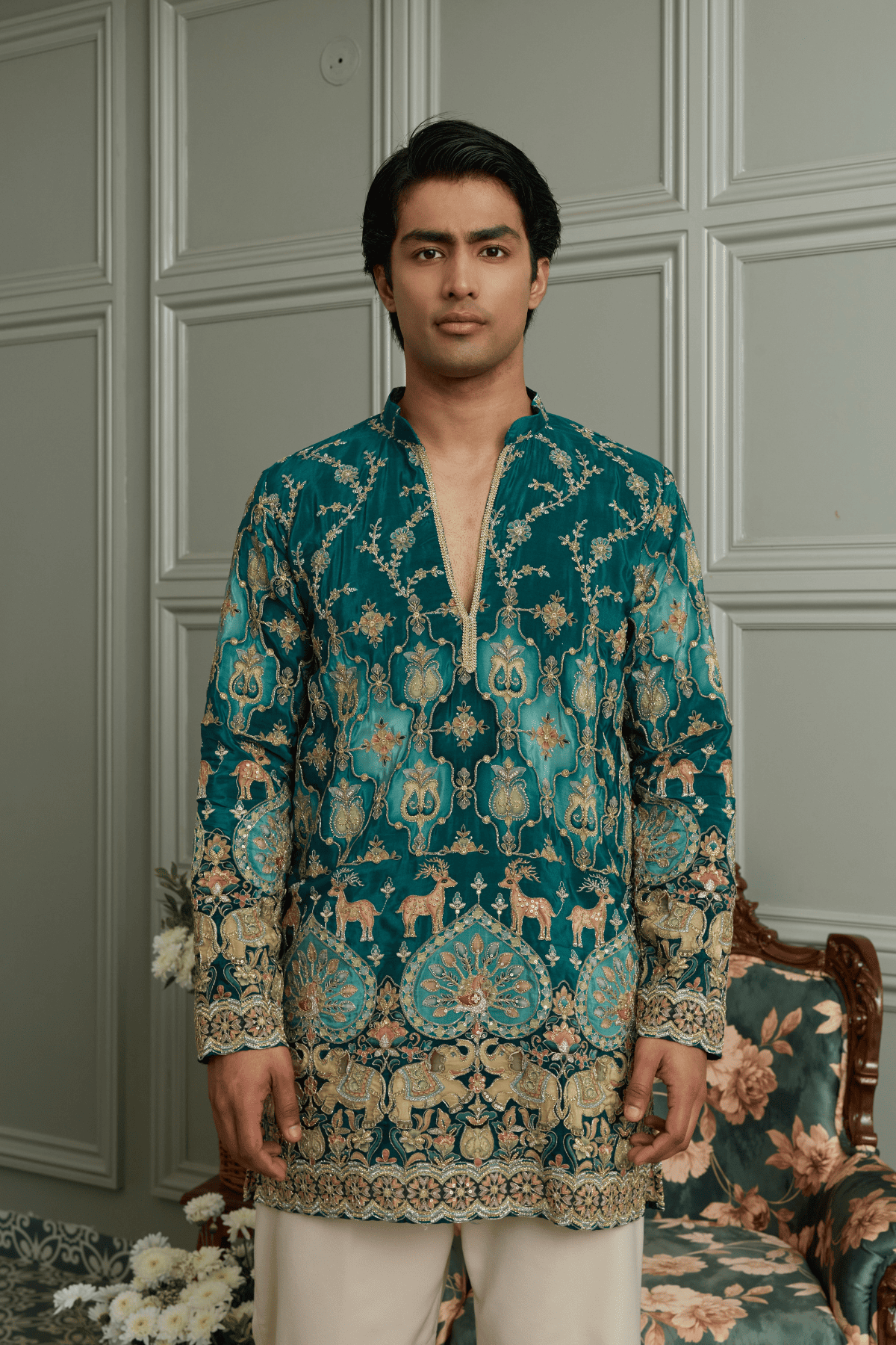 2 Deep Teal Embroidered Designer Kurta Pyjama For Men (Luxury Korean Pants) F2-1092