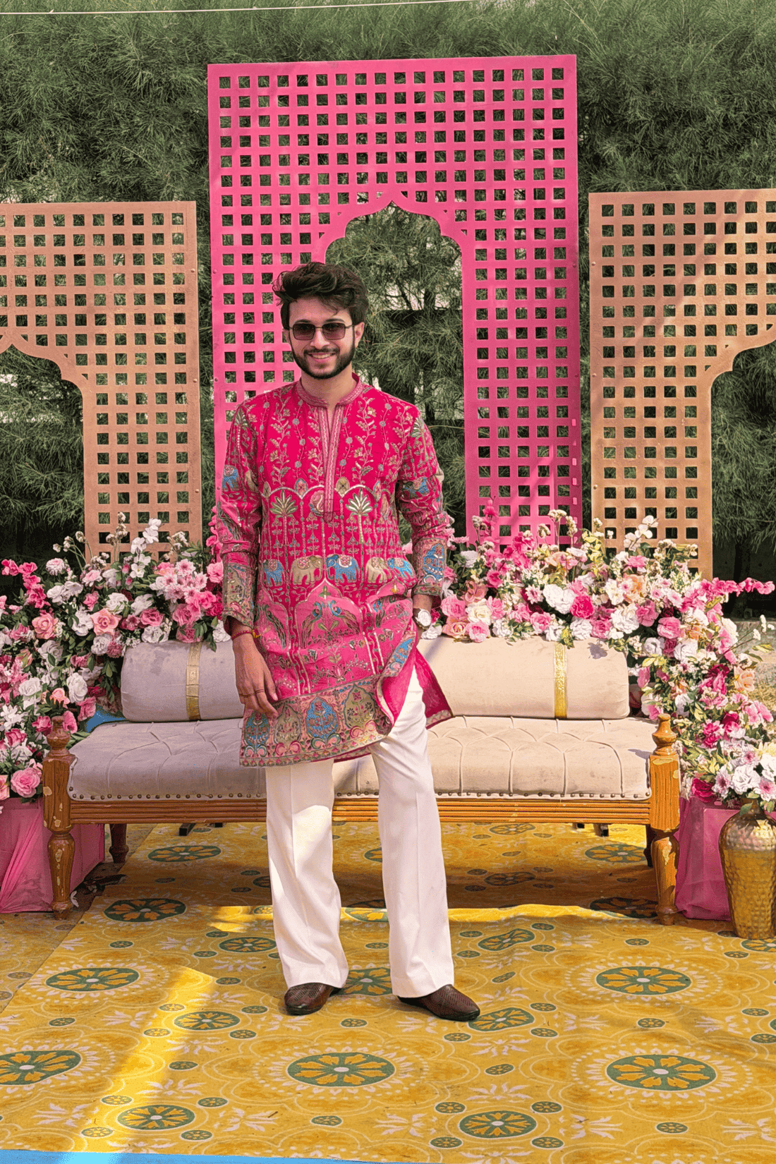 2 Heritage Motif Embroidered Pink Kurta Pyjama For Men (Luxury Korean Pants) F2-1072