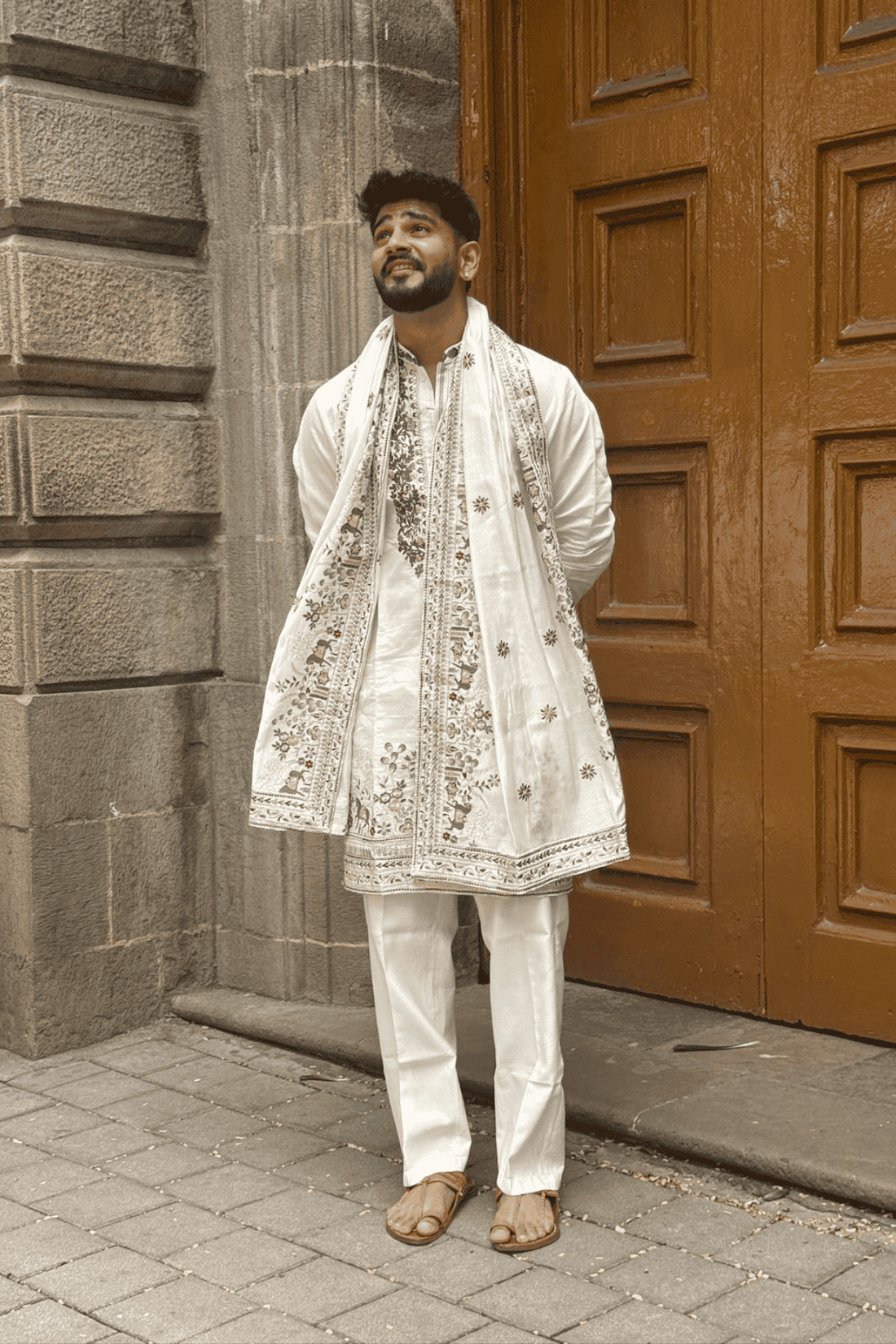 2 Ivory Embroidered Kurta Pyjama For Men with Heritage Dupatta (Luxury Korean Pants) F2-1020