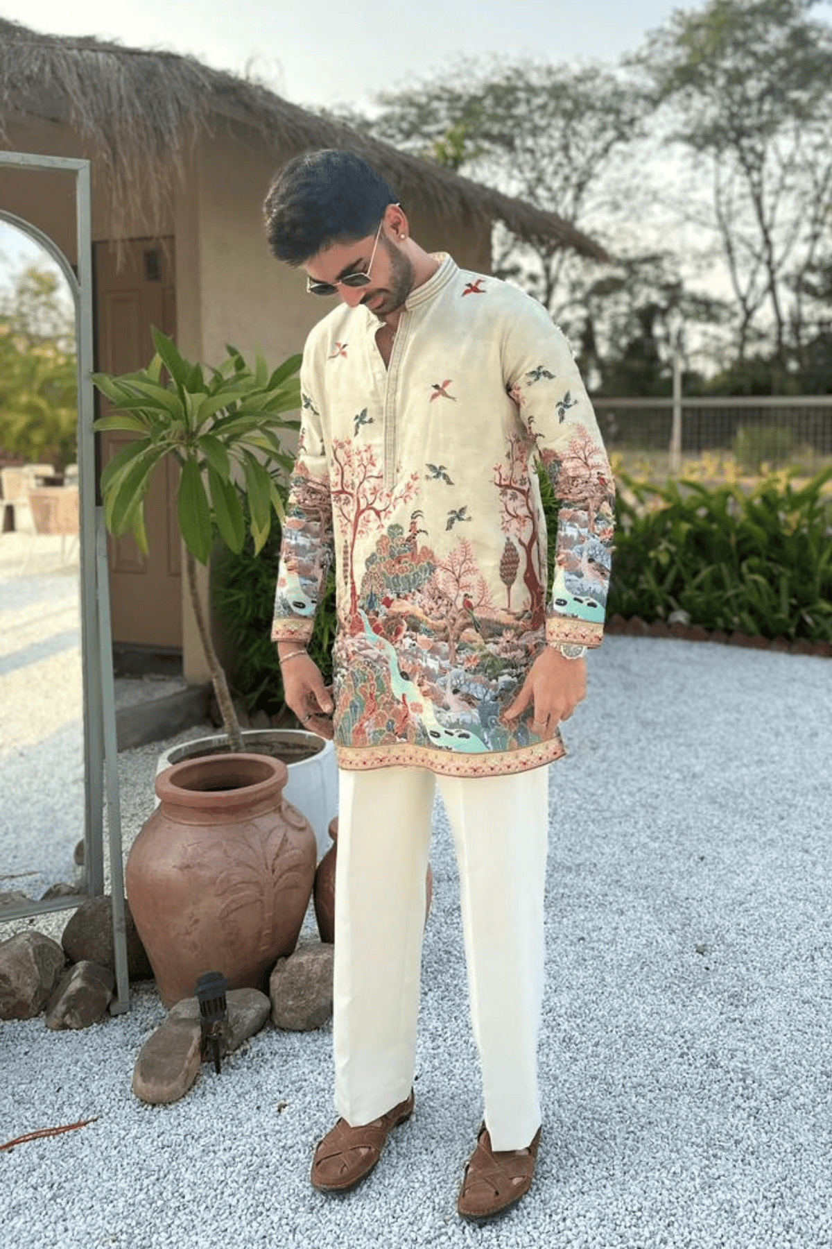 2 Ivory Scenic Embroidered Kurta Set For Men (Luxury Korean Pants) F2-1083