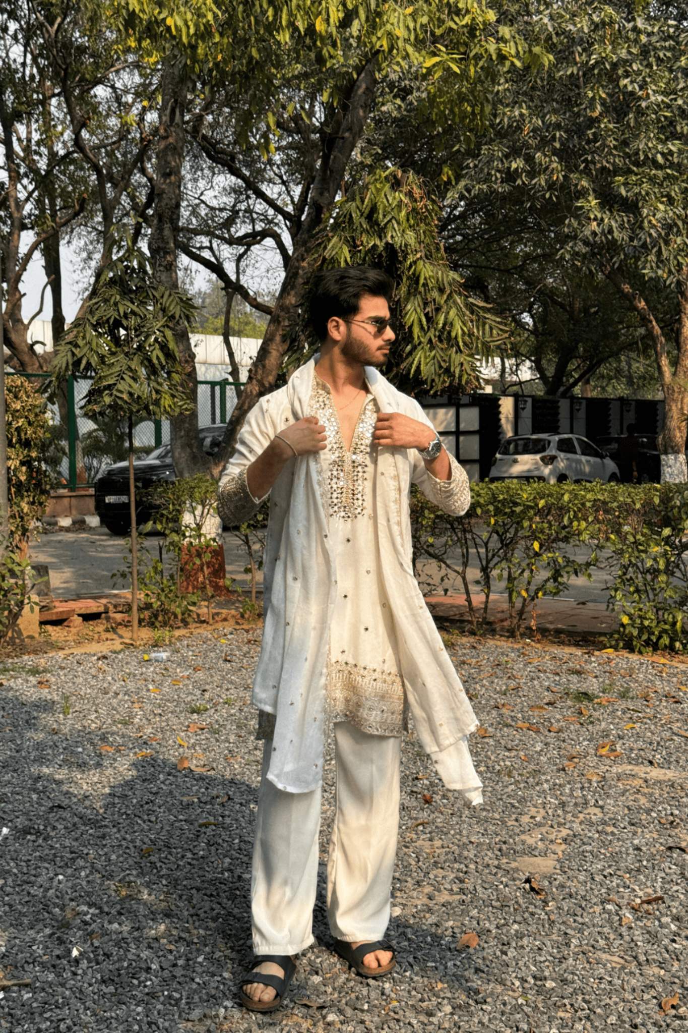 2 Ivory V-Neck Mirror Work Wedding Kurta Set For Men With Stole (Luxury Korean Pants) F2-1070