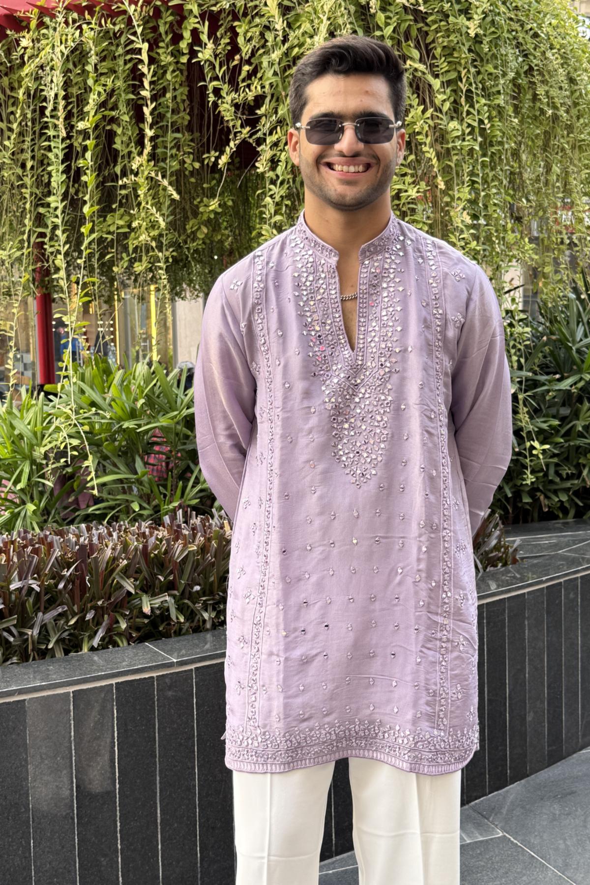 2 Lavender Mirror Work Kurta Pyjama For Men (Luxury Korean Pants) F2-1013