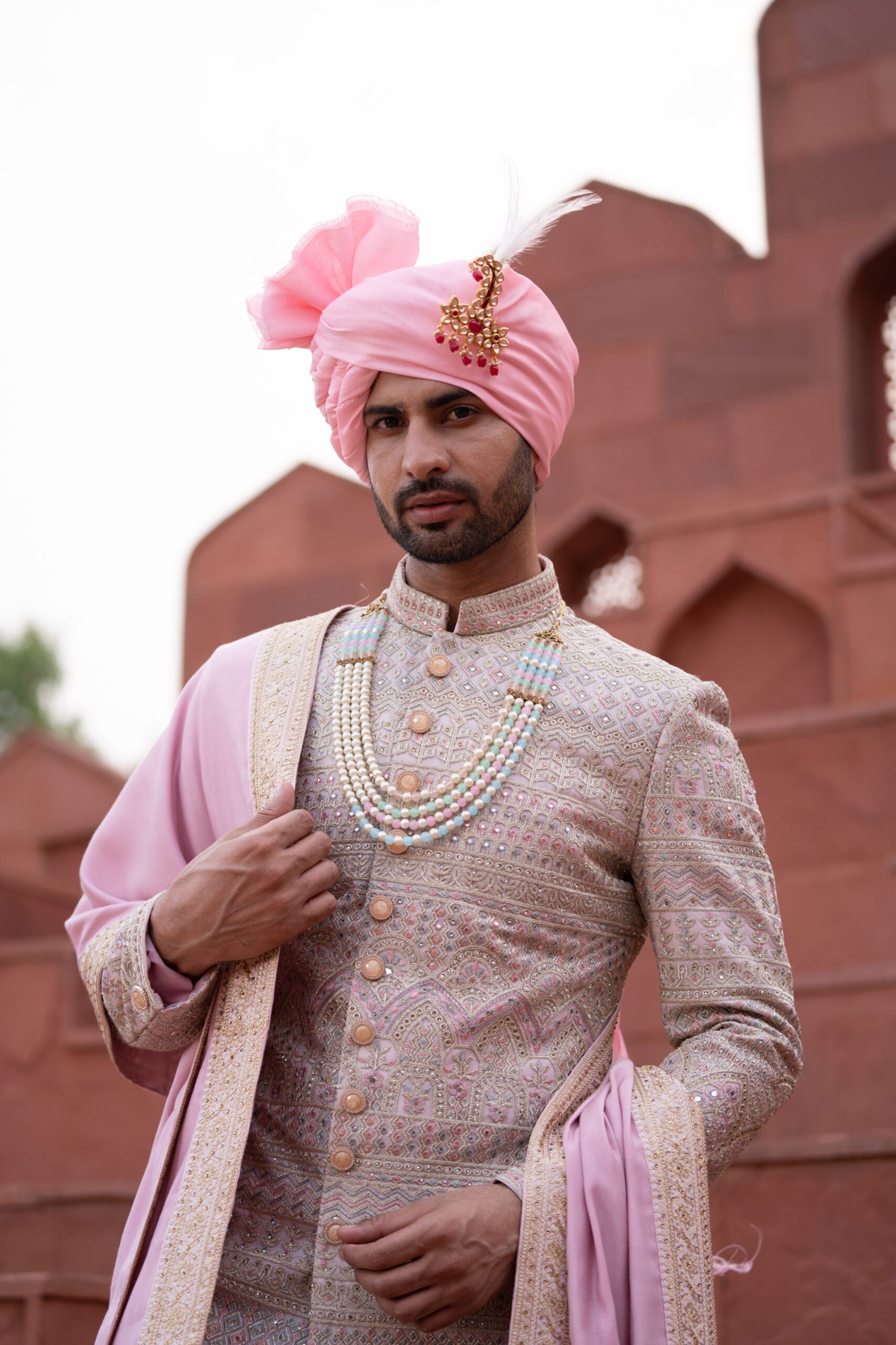 2 Light Pink Lakhnavi Hand Embroidered Sherwani with Soft Silk Anarkali