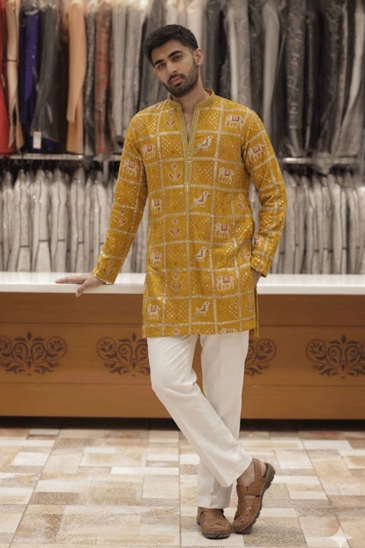 2 Mustard Yellow Kurta Pyjama For Men with Heritage Animal Motifs (Luxury Korean Pants)  F2-1080