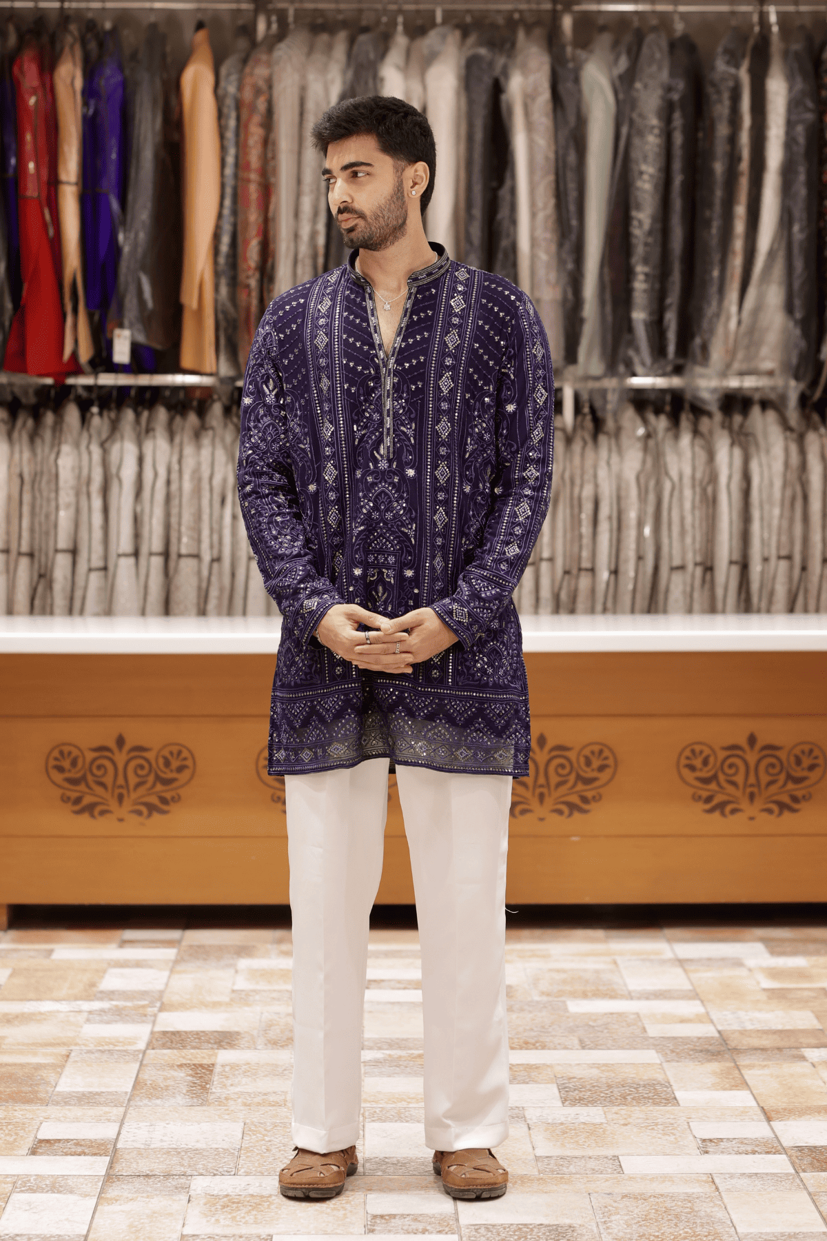 Navy Blue V-Neck Embroidered Short Only Kurta For Men
