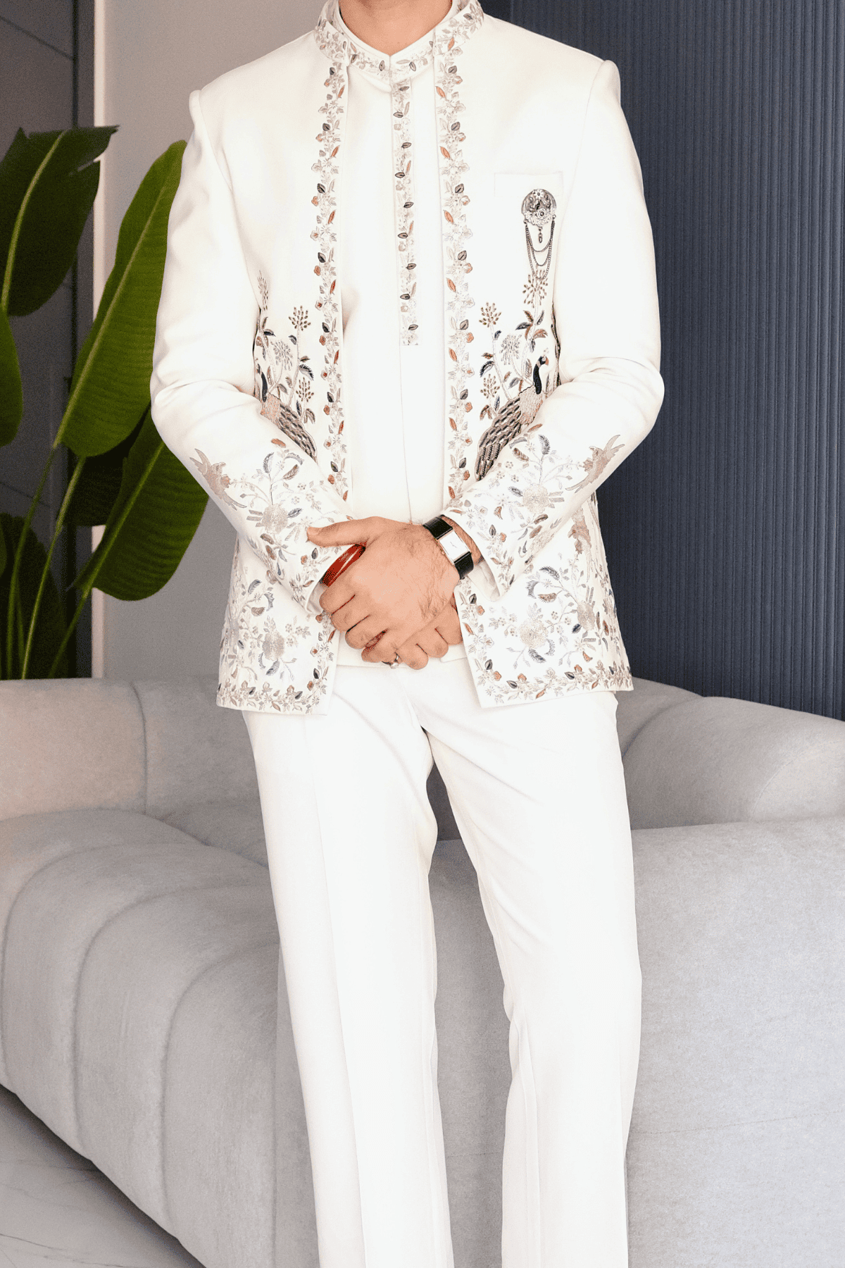 2 Off-White Embroidered Open Jacket Jodhpuri Set