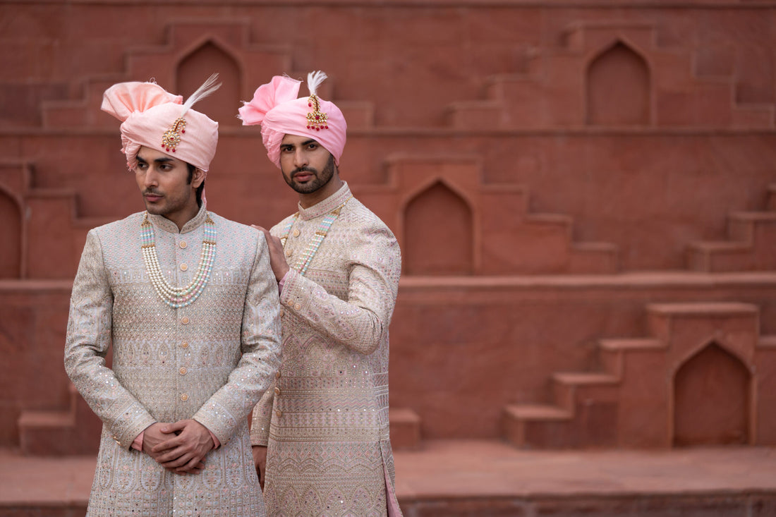 1 Peach Lakhnavi Hand Embroidery Sherwani with Soft Silk Anarkali