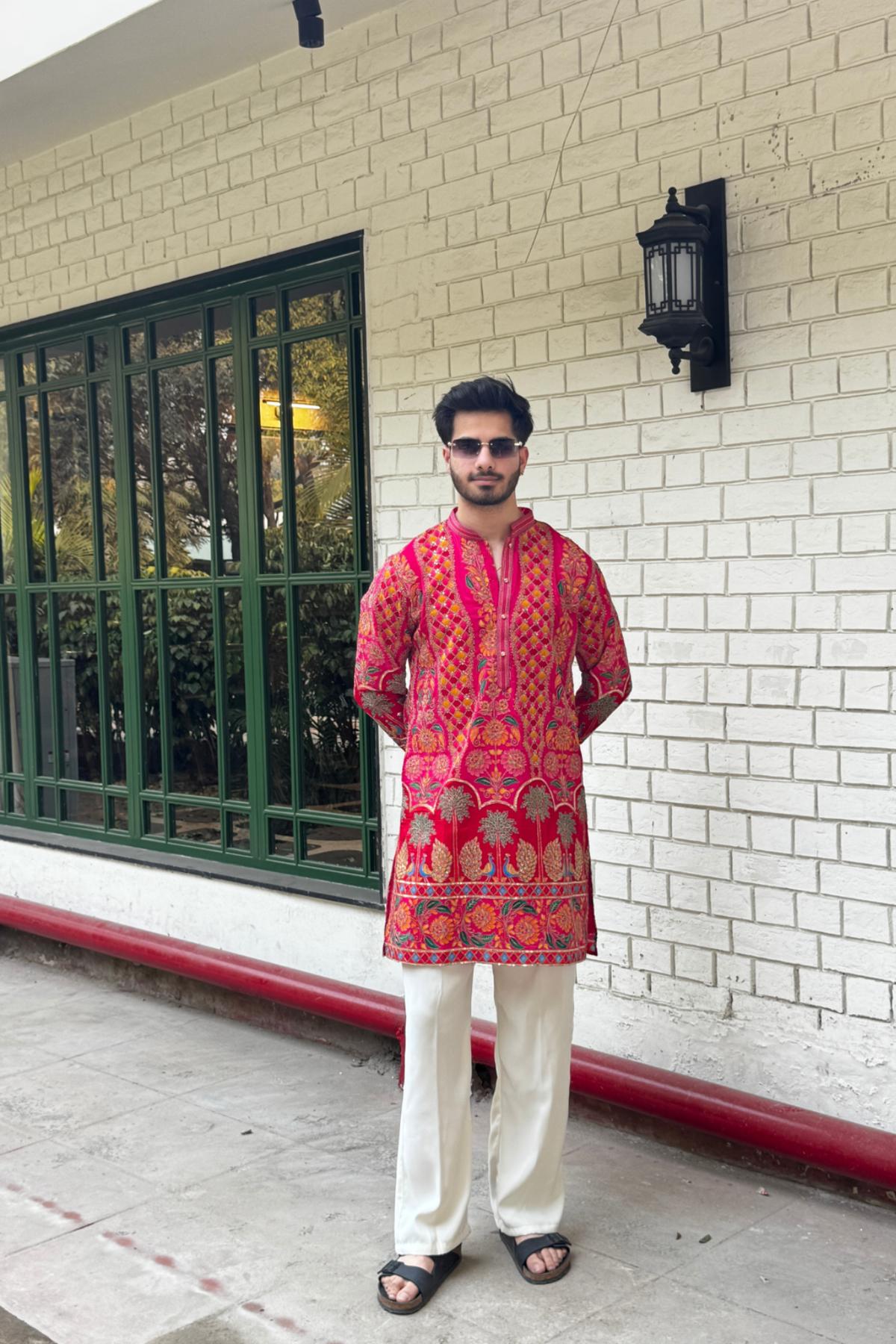 2 Pinkish Red Embroidered Kurta for Men(Luxury Korean Pants) F2-1011