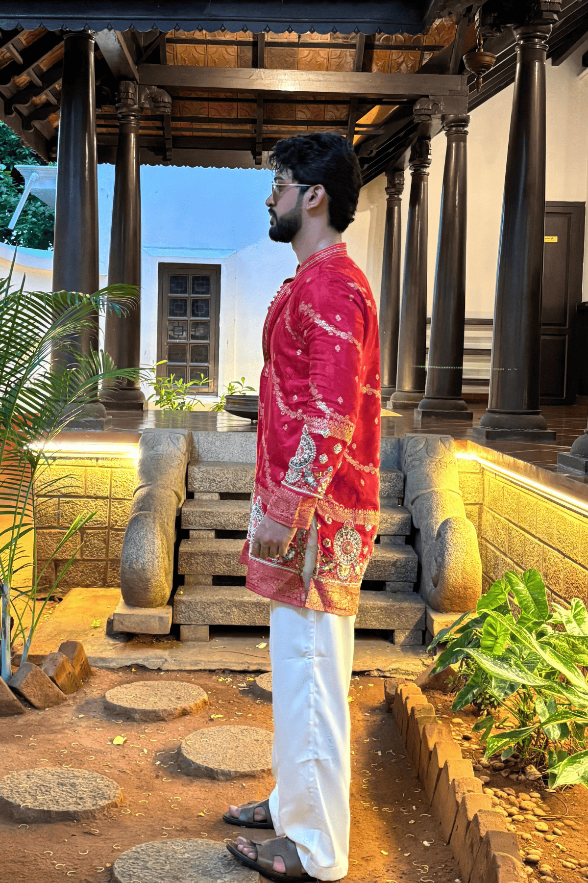 2 Red Embroidered Kurta Pyjama For Men With Border Work (Luxury Korean Pants) F2-1104