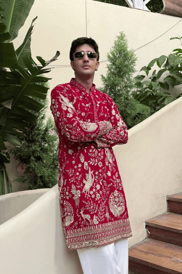 2 Red Zari Embroidered Kurta Pyjama For Men (Luxury Korean Pants) F2-1058