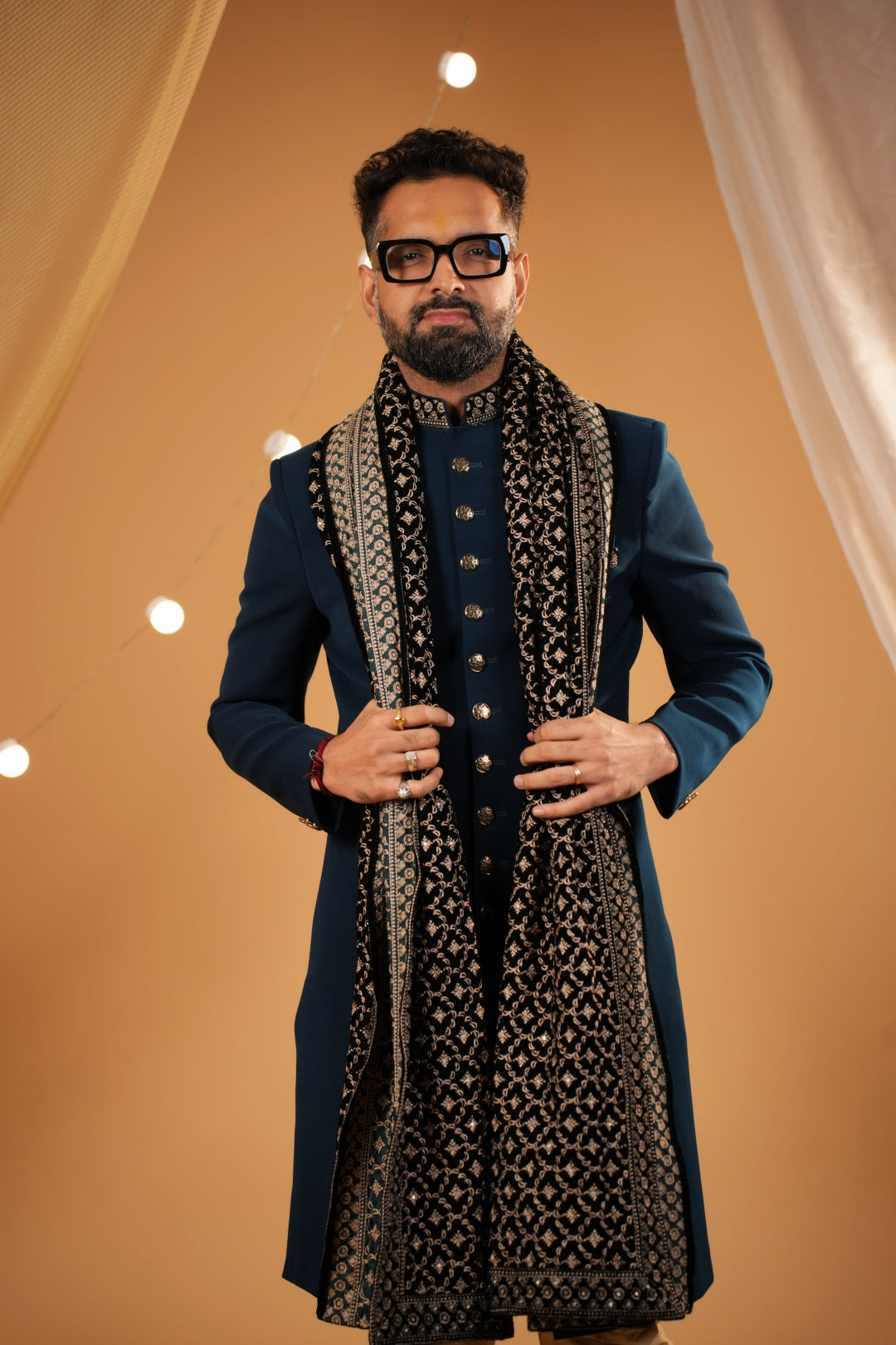 2 Royal Elegance: rama color Nawabi Sherwani Adorned with Red Embroidered Details