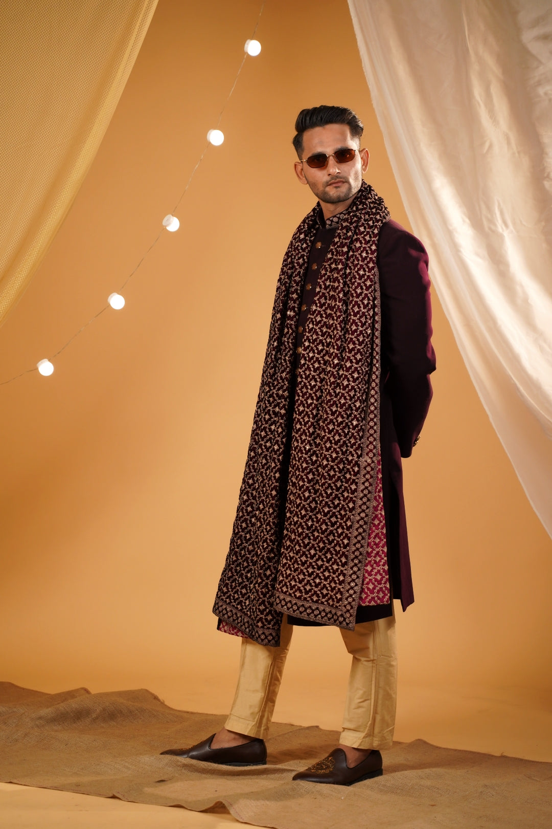 2 Royal Elegance: wine Velvet Nawabi Sherwani Adorned with Red Embroidered Details